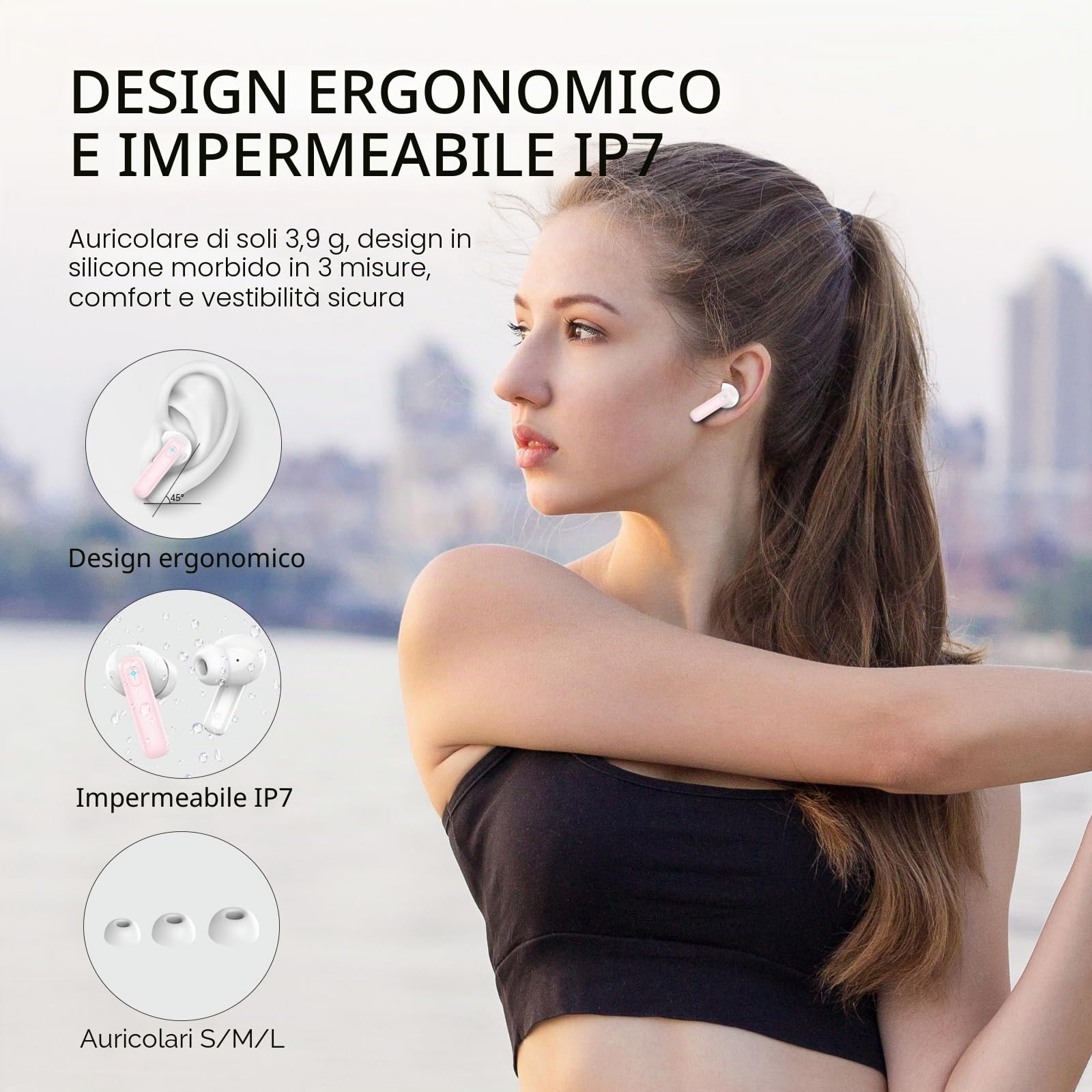 Cuffie Bluetooth Stereo HiFi Immersivo con HD Mic - Wireless in Ear 40H LED Display - IP7 Impermeabili Touch Control Auricolari Senza Fili USB-C Rosa