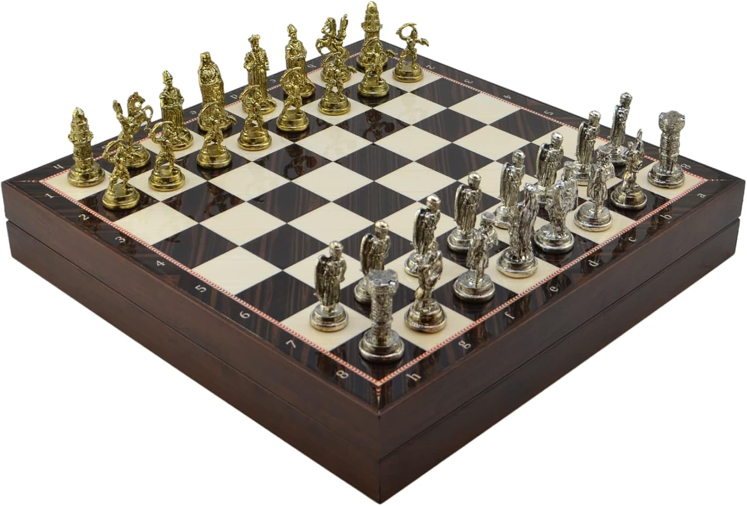 Metal Chess Set for Adults Ottoman vs Byzantine Empire,Handmade Pieces and Different Design Wooden Chess Board with Storage (Walnut)