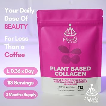 Plant Based Collagen Powder 113g - Vegan Collagen Boosting Supplement with Tremella Mushroom, Pink Pitaya & Acerola Cherry | for Skin, Hair & Joints | Natural Vitamin C | 113 Servings