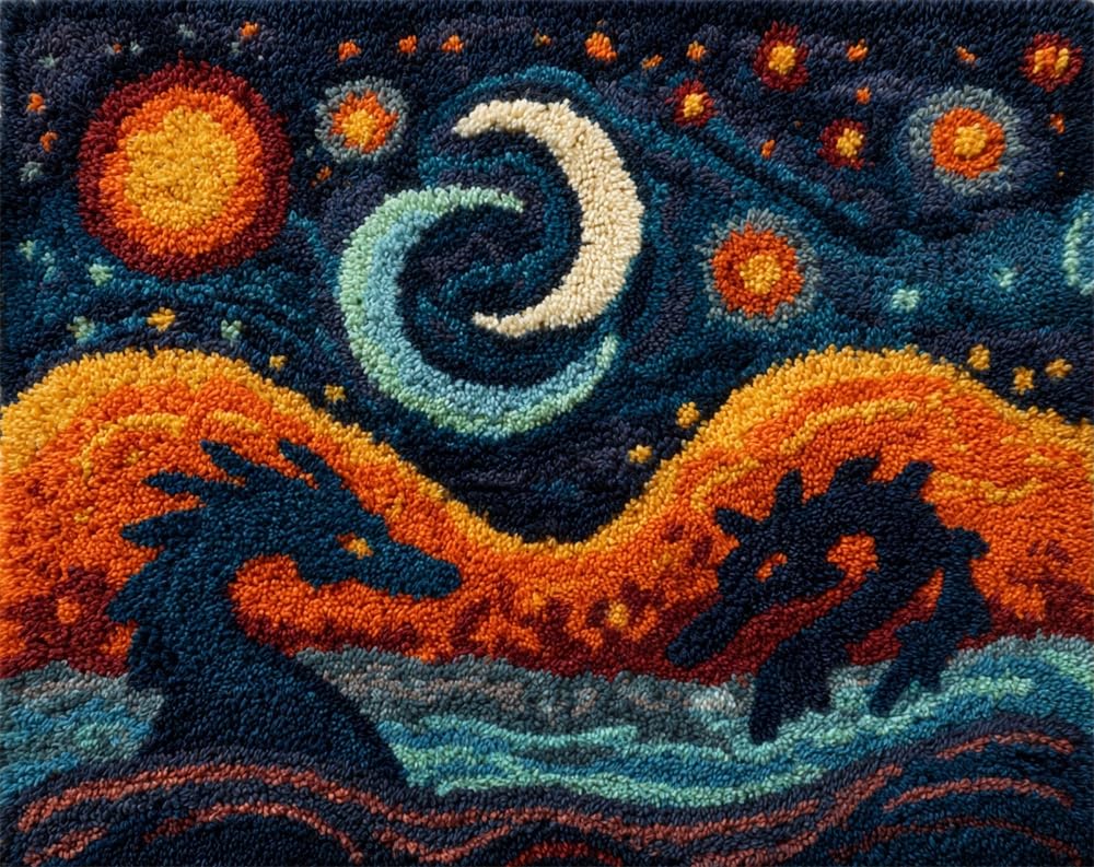 Kitquiver Latch Hook Kits for Adults Rug Dragon Under The Starry Sky DIY Crochet Yarn Embroidery Handmade Needlework with Printed Canvas for Home Decoration 15X20In