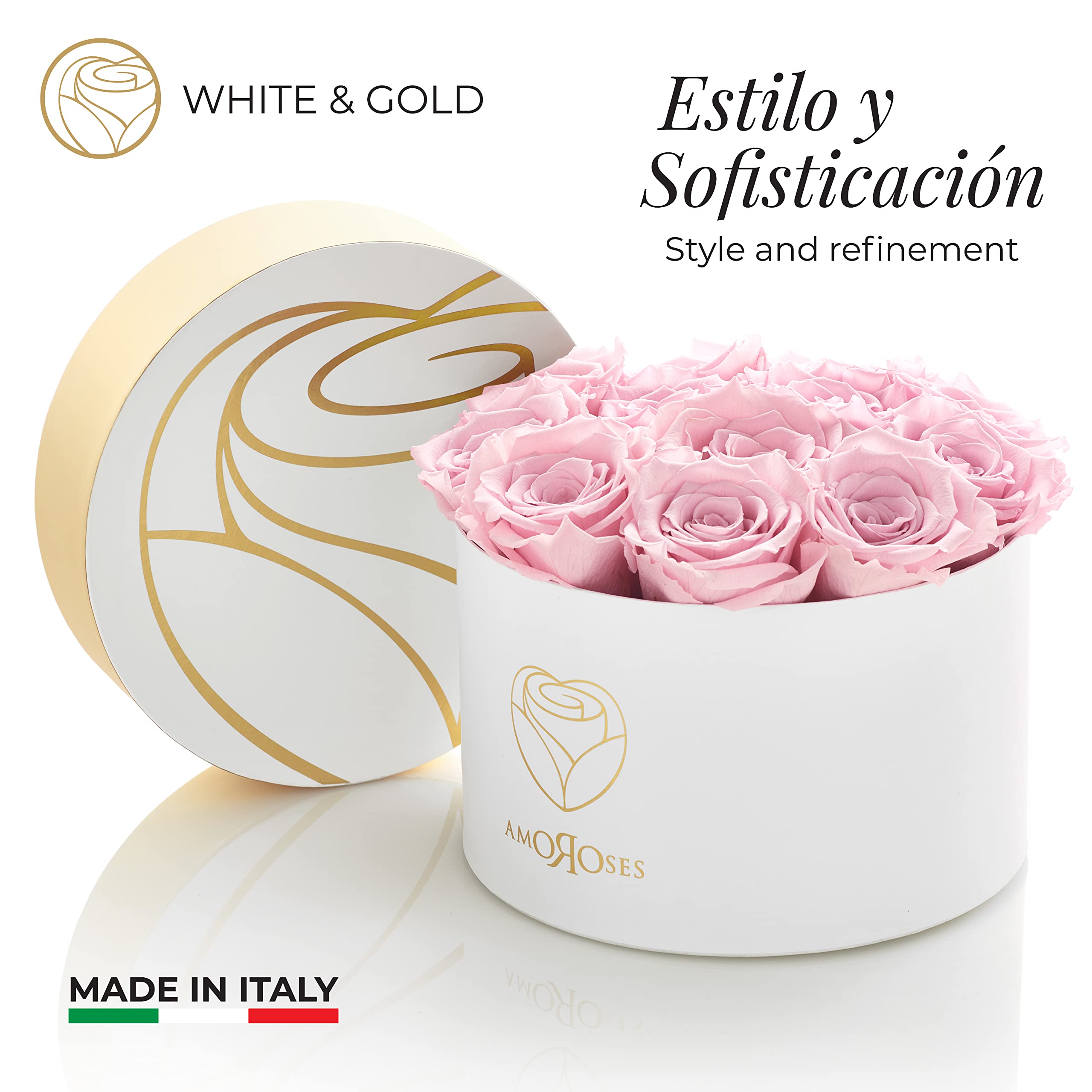 Amoroses 12 Rosas Reales Estabilizadas Duran Años - Idea de regalo de flores preservadas, rosas eternas para ocasiones especiales (Caja Blanca con Rosas Rosas)