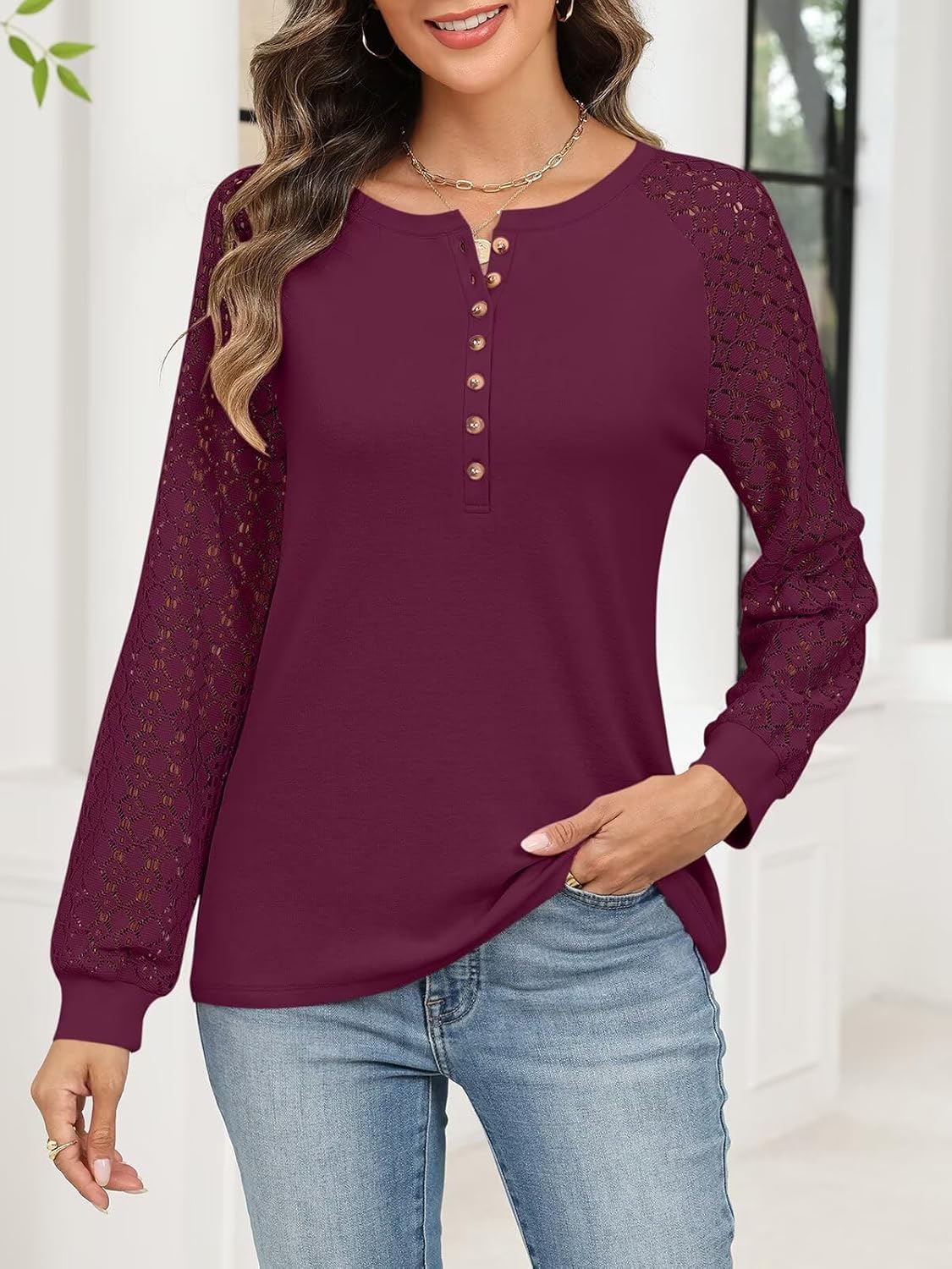 Women's Lace Long Sleeve Shirts Henley Crewneck Tops Business Casual Fall Blouses - Image 2