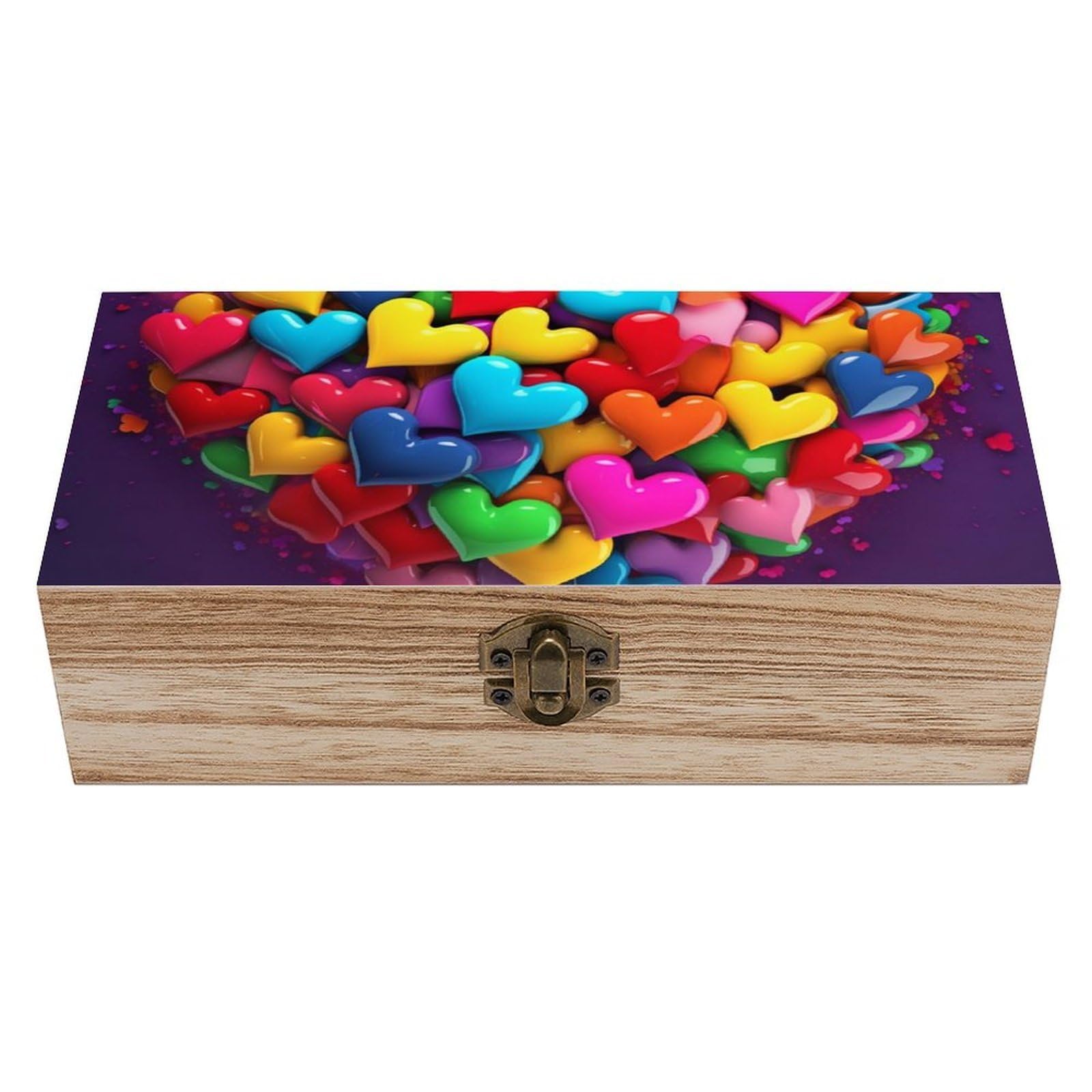 HLBSDM Colourful Heart Memory Jewelry Wooden Box, Large Wooden Treasure Chest Boxes with Hinged Lid, Photos Storage Case for Women Men, Wooden Keepsake Box, 7.9'' X 3.9'' X2.3''