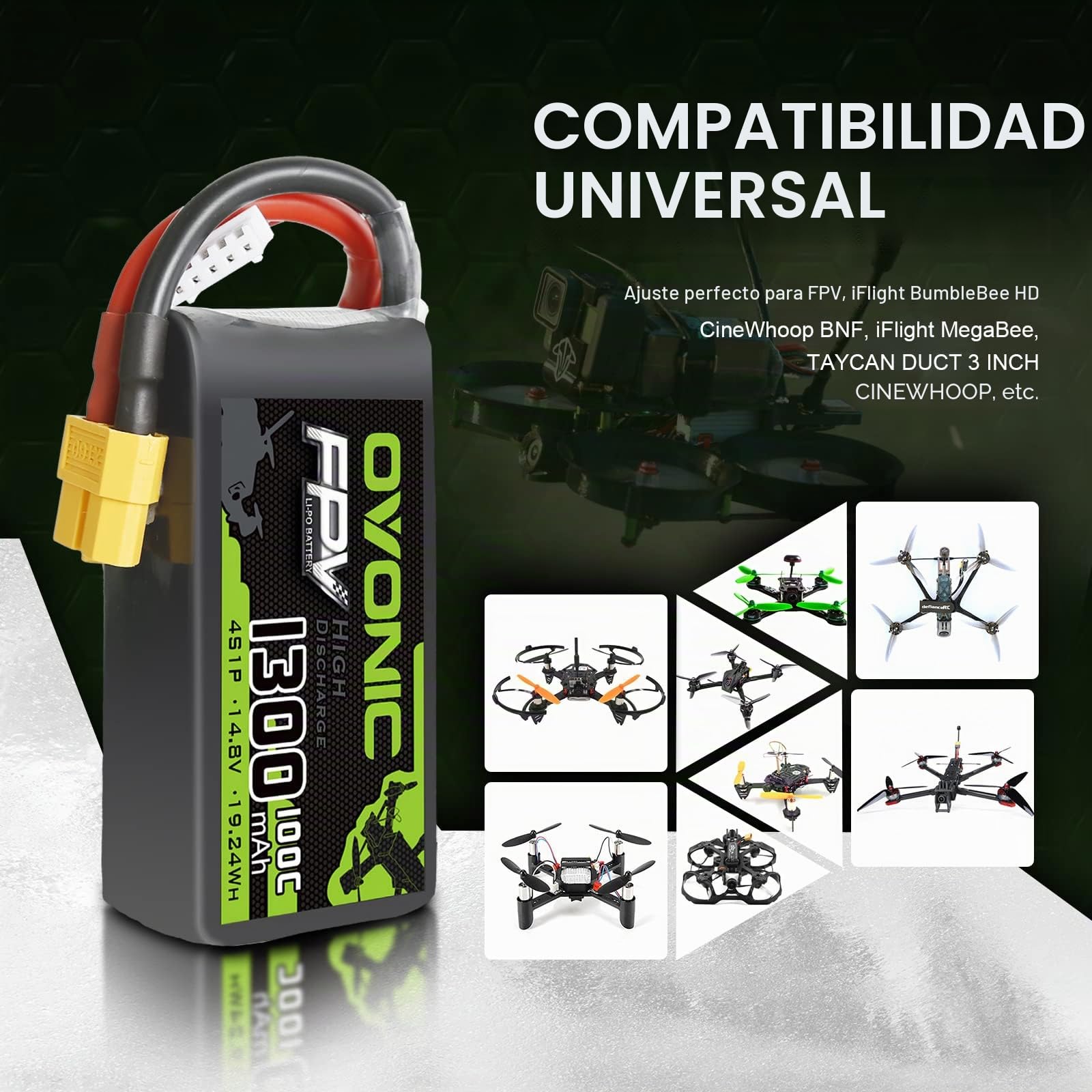 OVONIC 4s Batería Lipo 1300mAh 100C 14.8V FPV Batería con Conector XT60 para FPV Racing RC Quadcopter Helicóptero Avión Multimotor Hobby Piezas de Bricolaje（2 Packs）