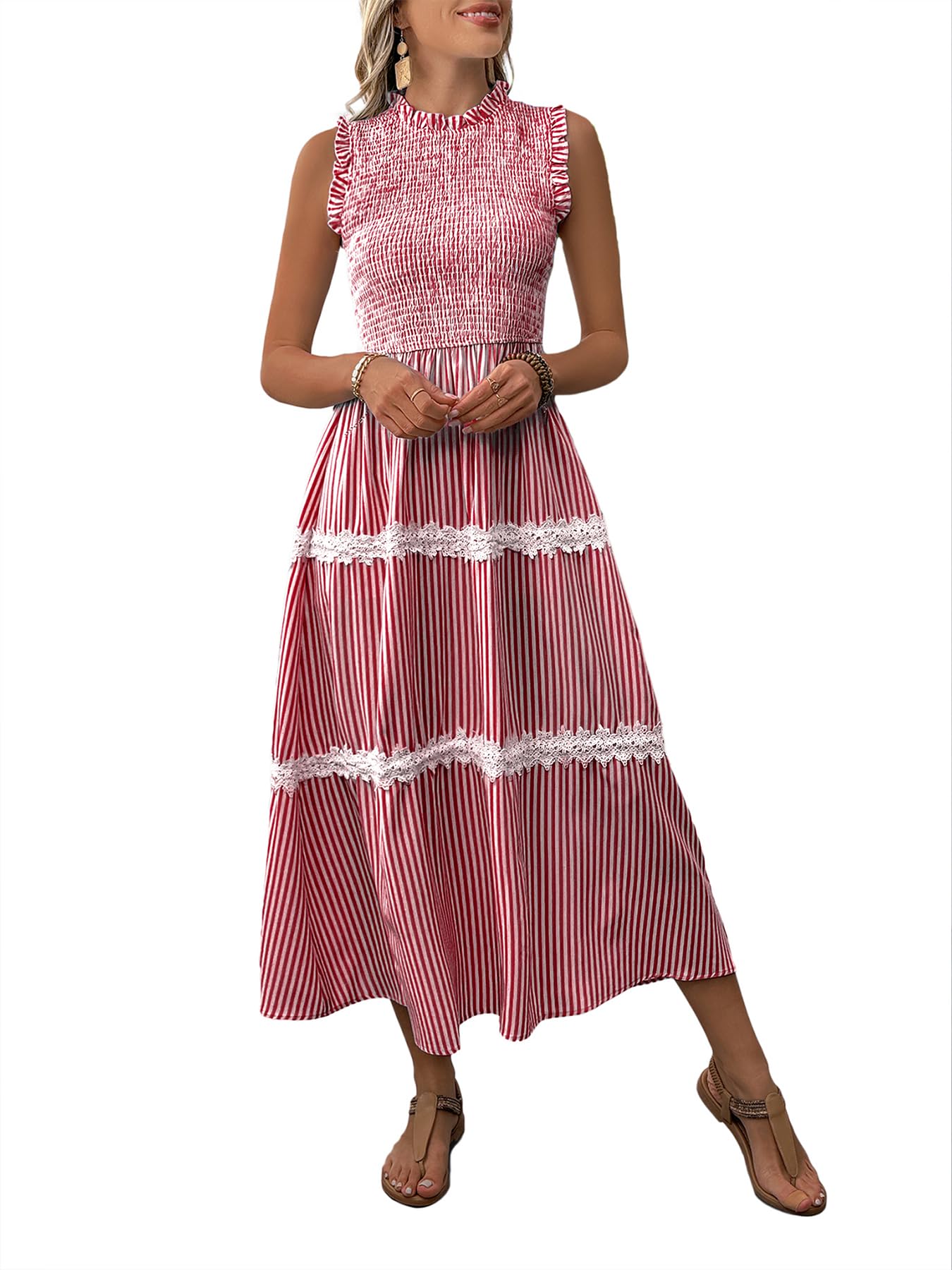 Robe Longue Rayée pour Femme Rouge S sans Manches