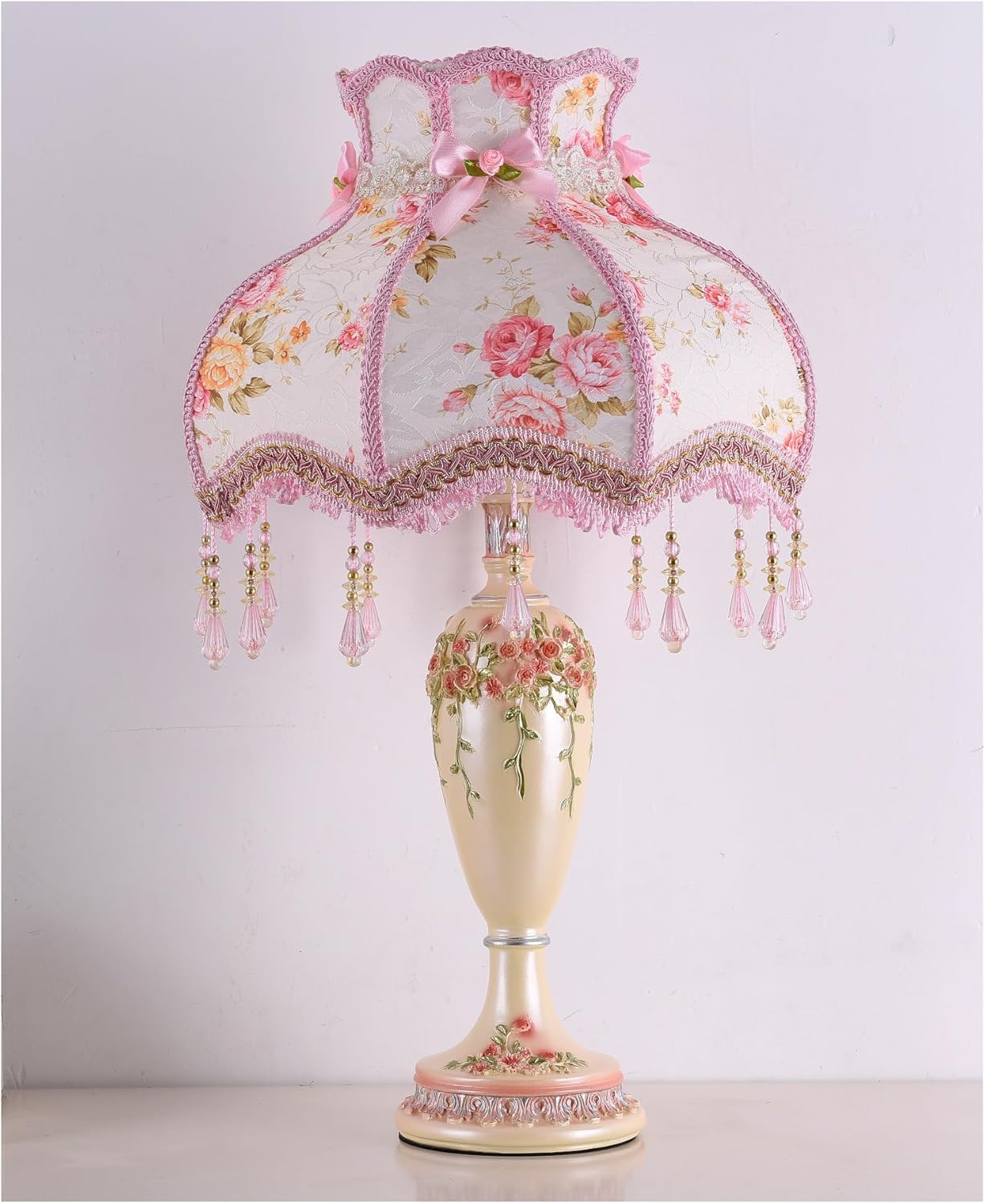 Victorian Style Table Lamp Pink Handmade Princess Lamp Lace Fabric Lampshade, Traditional Resin Flower Carved Base Side Lamp for Living Room Family Bedroom, 13" W, 21.6" H.