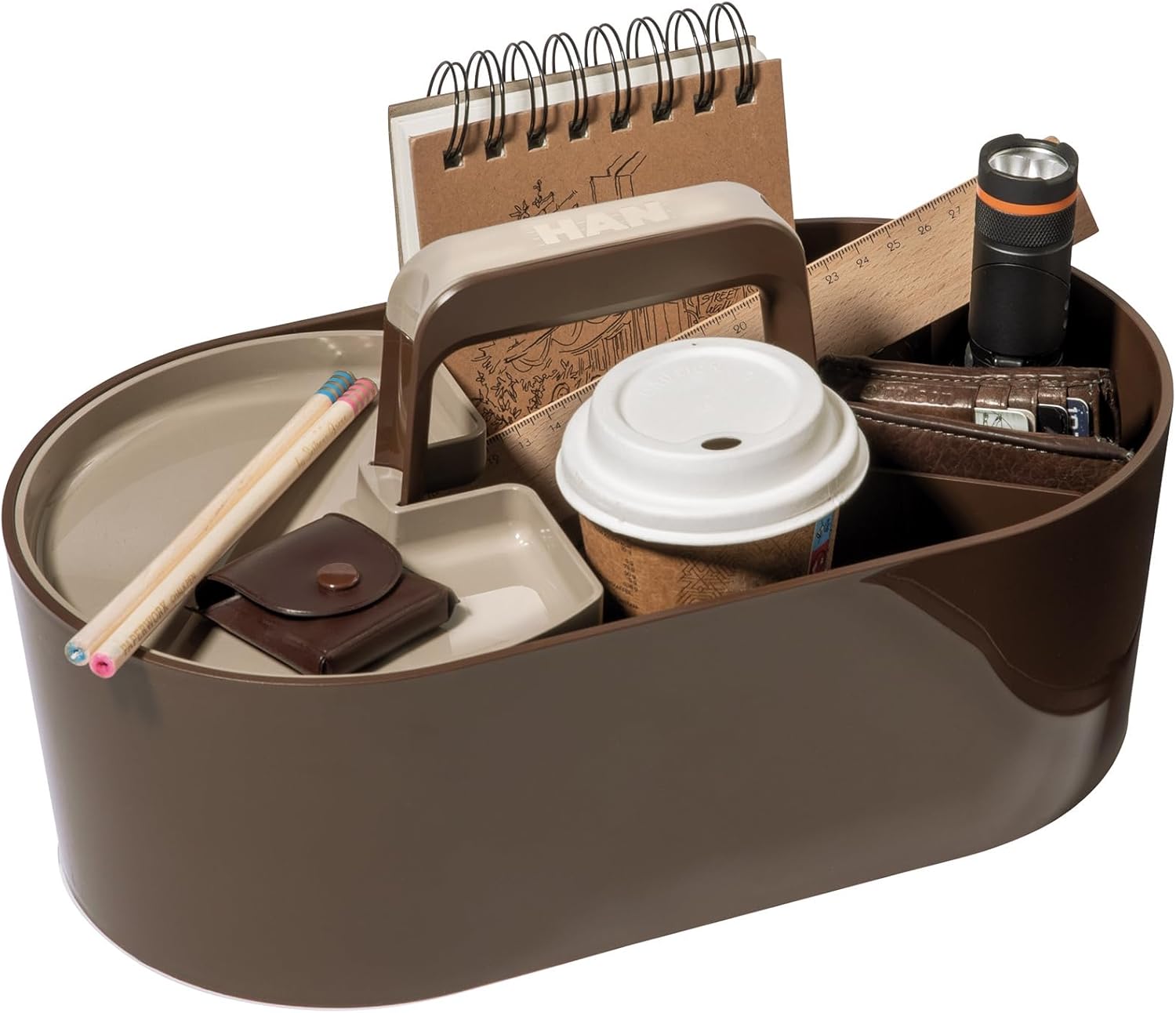 HAN Toolbox Loft Plastic Basket with Handle, 4 Compartments Desk Basket, Cleaning Basket, Craft Basket, Storage for Utensils, Brown, 1200-42