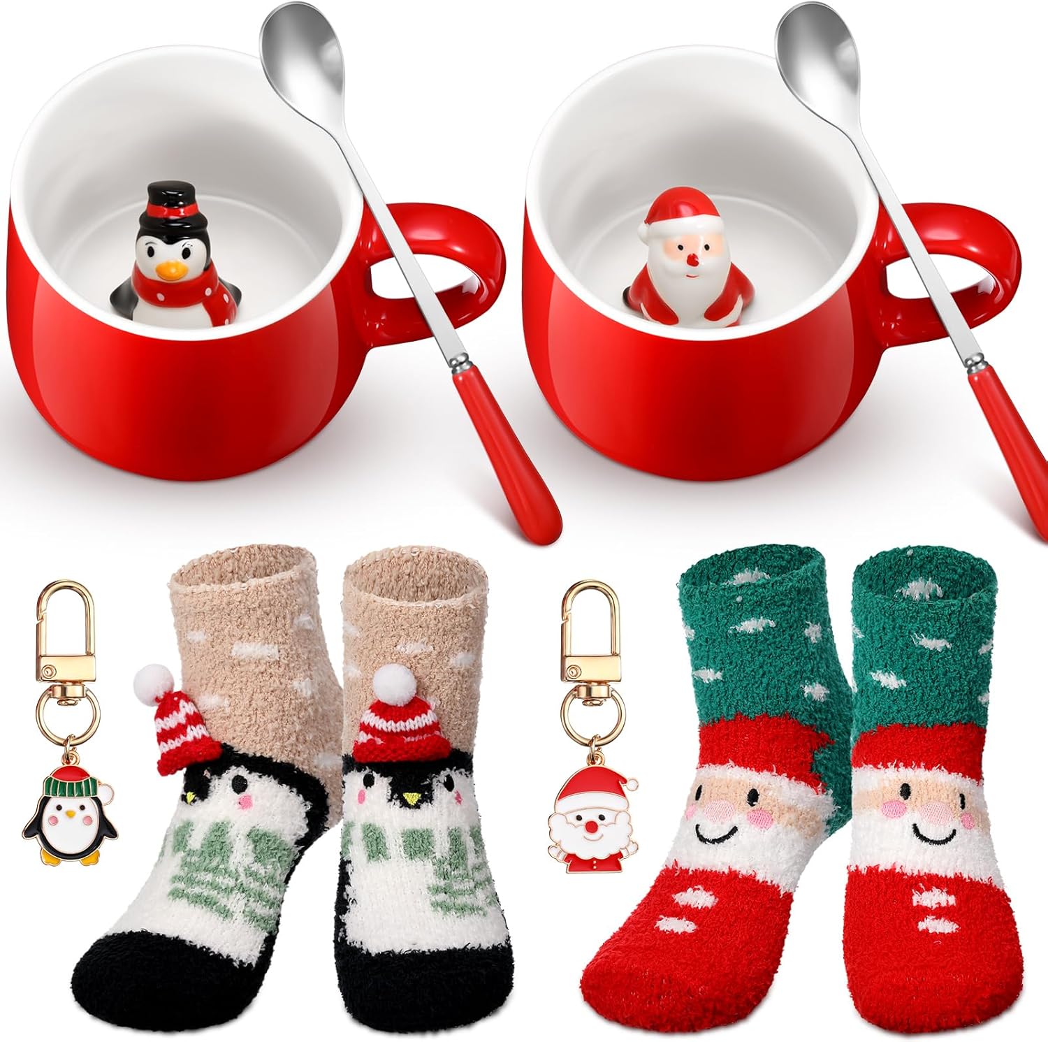 Sliner 8 Pcs Christmas Mug Gift Sets 3D Santa Penguin Animal Inside Coffee Cups with Spoons Christmas Fuzzy Socks and Xmas Keychains Winter Hot Cocoa Mug for Women Men Family Gifts