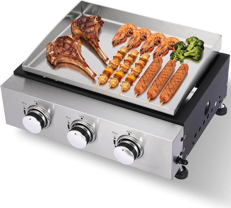3-Burner Portable Tabletop Gas Griddle with Stainless Steel Griddle, Includes Dust Cover & Regulator, Perfect for Camping & Tailgating