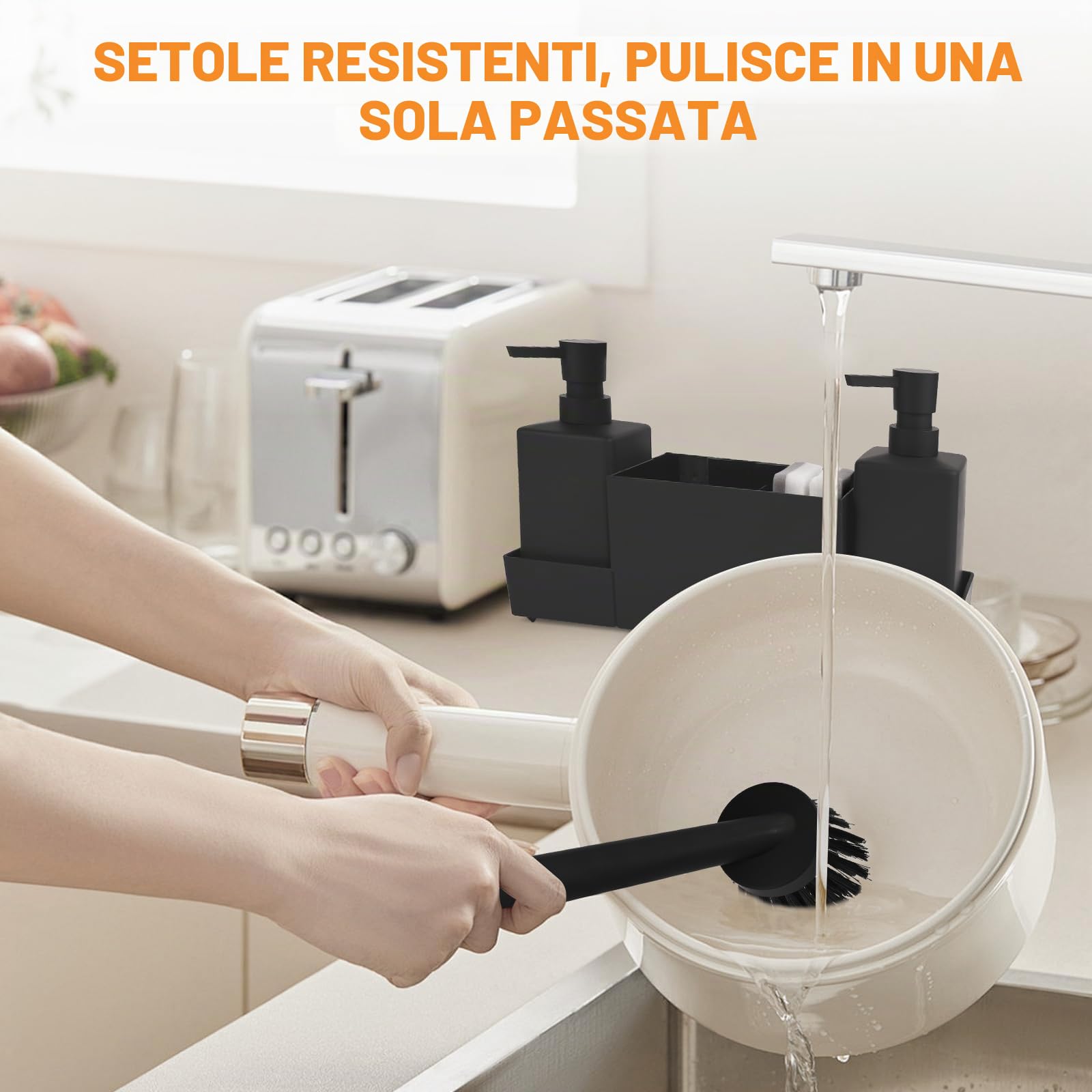Dispenser Di Sapone Da Cucina, Porta Spugne Con Dosatore, Set Bagno Porta Sapone e Spazzolini,Con Spugna e Spazzola, Per Box Lavello,Cucina,Bagno (Nero)