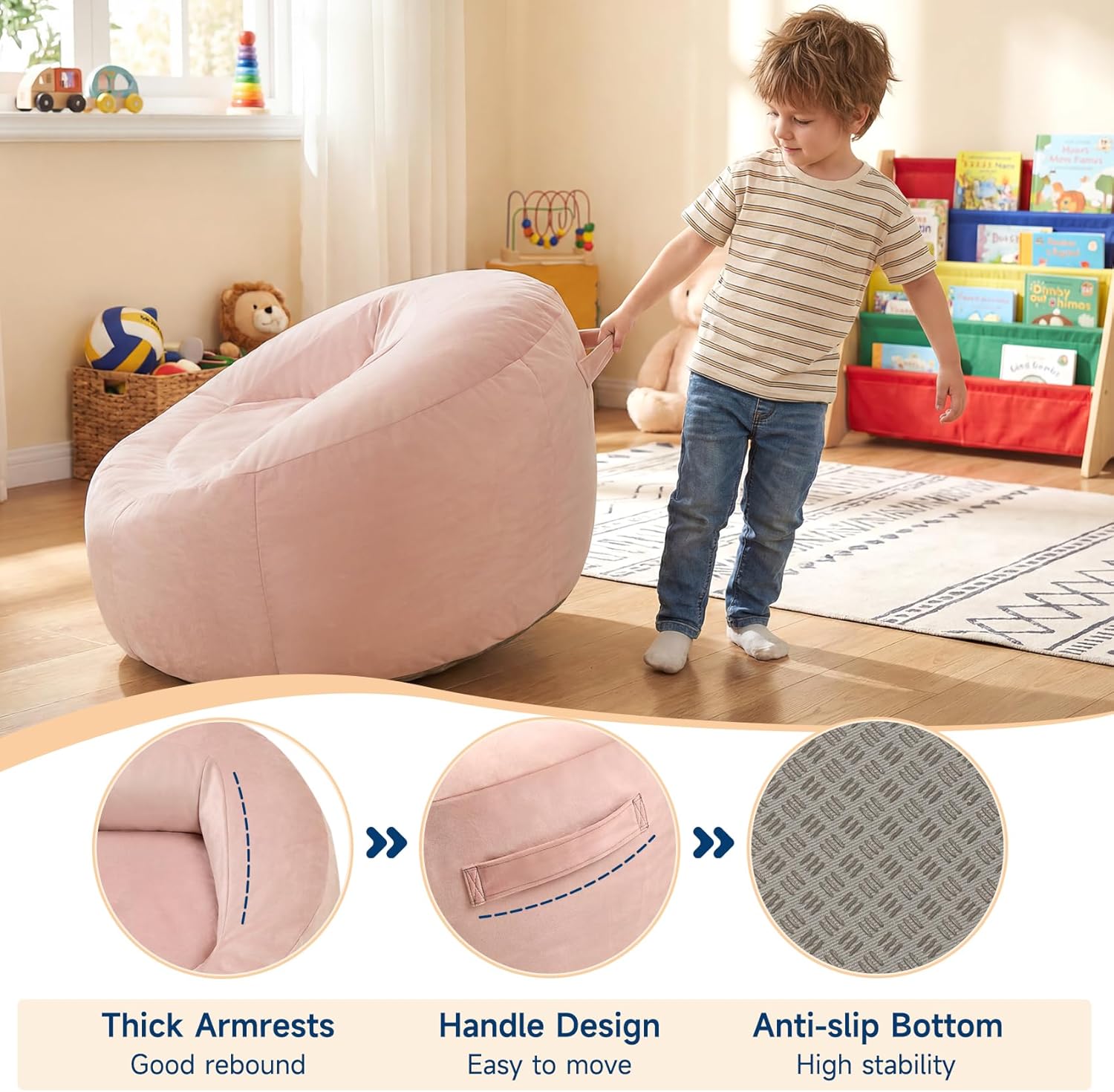 Bean Bag Chair for Kids and Teens, High-Rebound Memory Foam Bean Bag with Soft Velvet Cover, Small Lounge Floor Chair with Handle & Non-Slip Bottom, 31.5" W x 31.5" D x 22" H,Pink