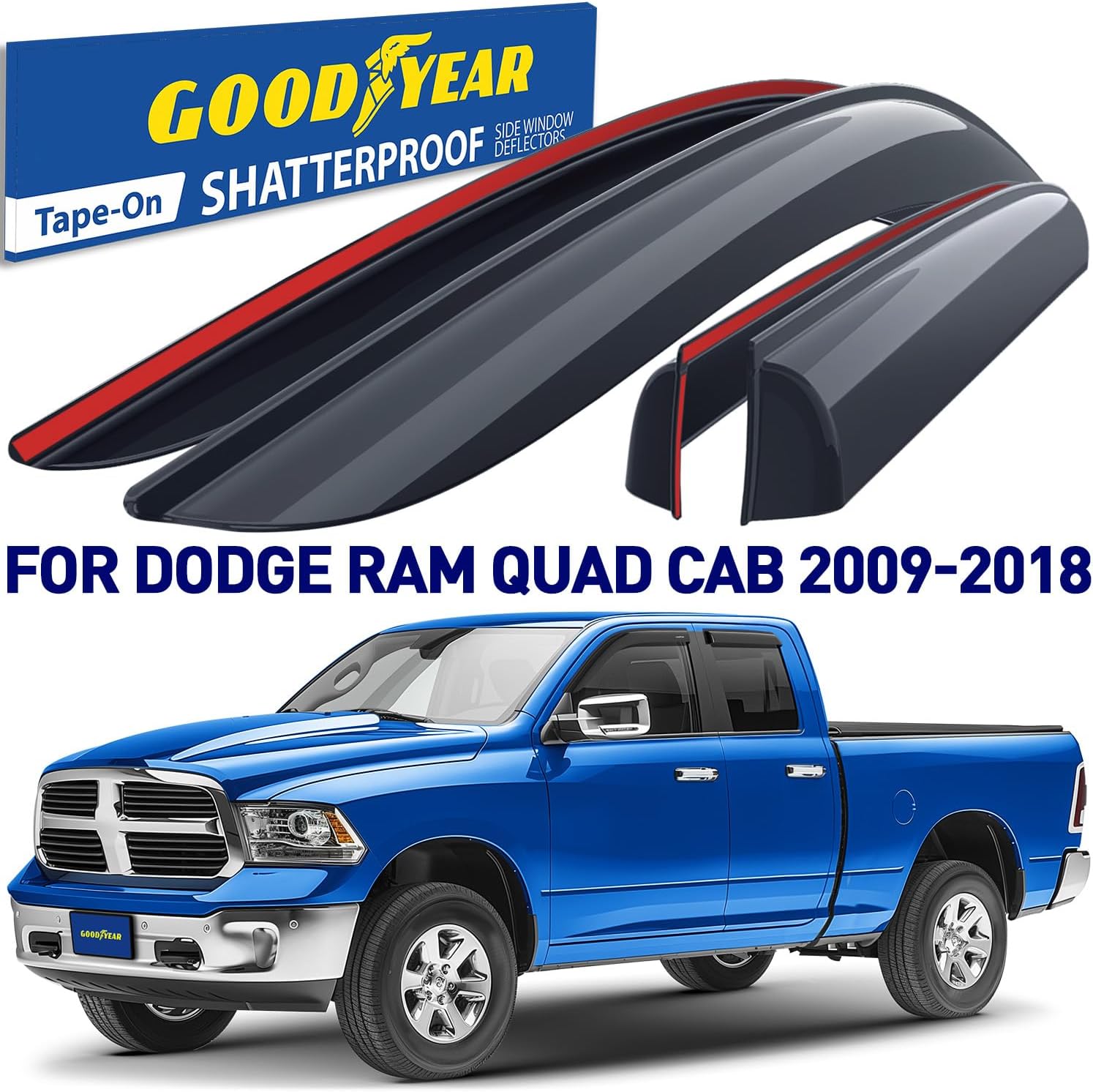 Goodyear Shatterproof Window Deflectors for Trucks Dodge Ram 1500 2009-2018 Quad Cab, Tape-on Rain Guards, Window Visors, Vent Deflector Visor, Truck Accessories, 4 pcs. - GY008701