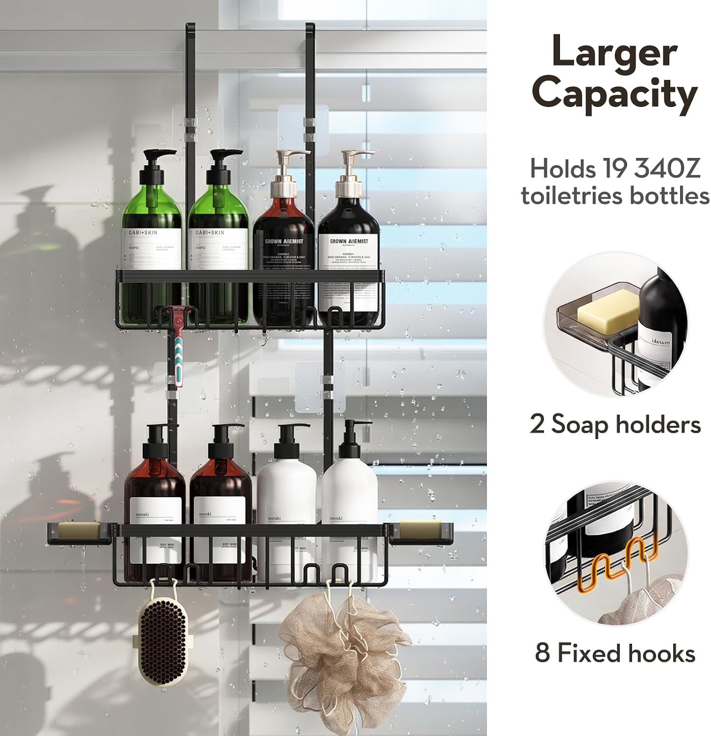 Over the Door Shower Caddy Hanging With Double Soap Holder Never Rust Aluminum Shower Shelf With 4 Hooks Hanging Bathroom Organizer No Drilling Shelves for Bathroom Storage Black image 3