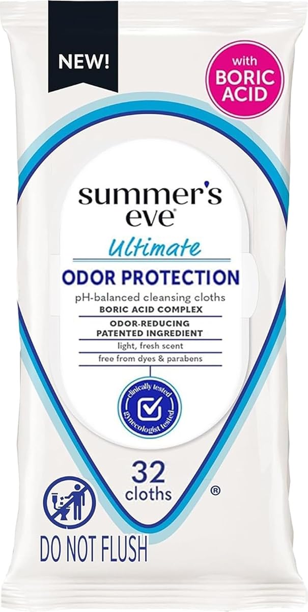 Toallitas femeninas Summer's Eve, máxima protección contra los olores, ácido bórico, 32 unidades | Toallitas vaginales resellables con ácido bórico, cuidado femenino para ayudar a eliminar el olor vaginal, probado por ginecólogos, aroma fresco
