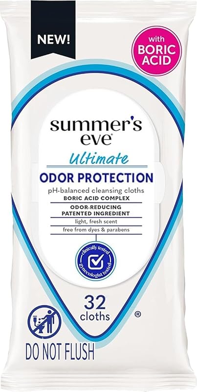 Toallitas femeninas Summer's Eve, máxima protección contra los olores, ácido bórico, 32 unidades | Toallitas vaginales resellables con ácido bórico, cuidado femenino para ayudar a eliminar el olor vaginal, probado por ginecólogos, aroma fresco