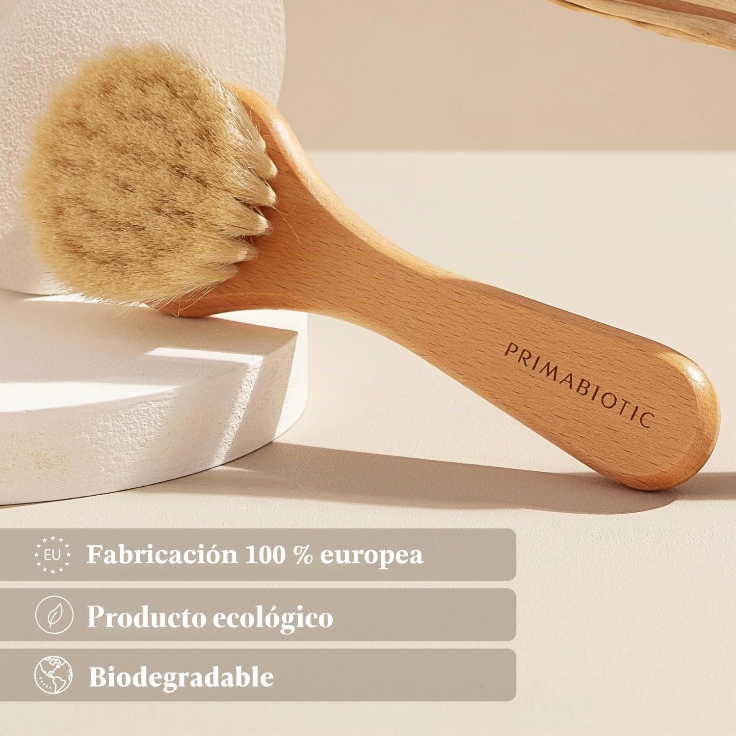 Primabiotic Cepillo de Masaje Facial de Madera de Roble y Pelo de Cabra para Limpieza Seca Natural