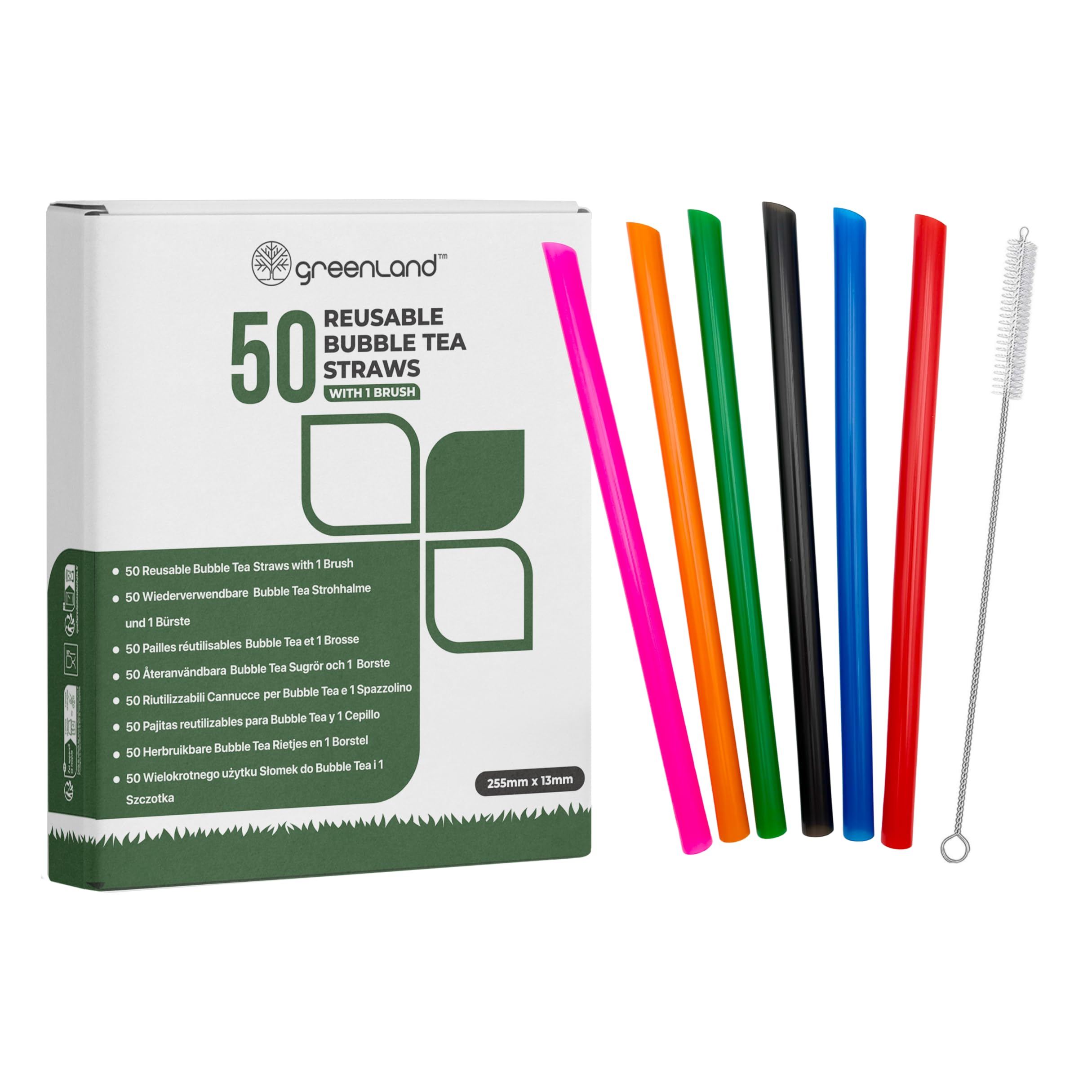 Greenland 50 Reusable Wide Straws for Boba/Bubble Tea, Smoothies and Milkshakes with 1 Brush