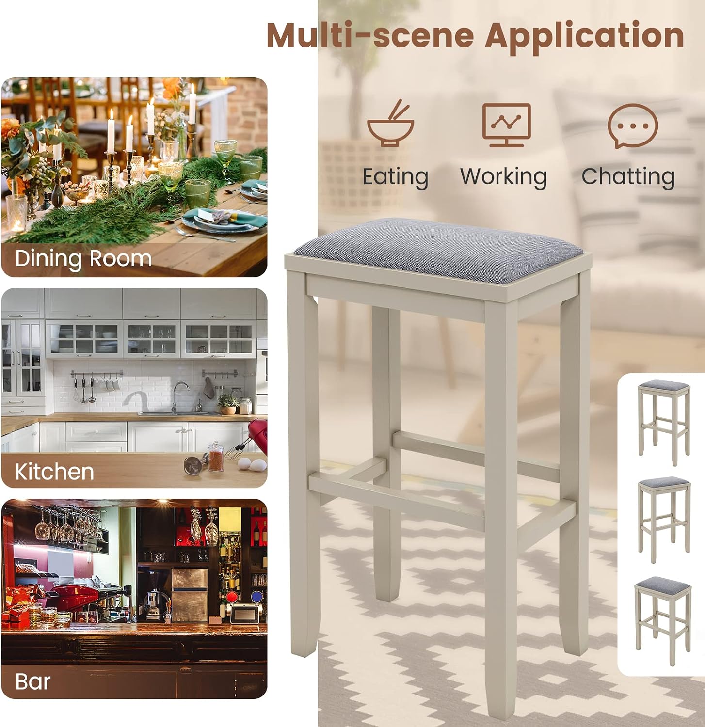 COSTWAY Upholstered Saddle Stools Set of 2, 31-inch Height Vintage Counter Height Chairs with Solid Wood Legs, Modern Backless Design Indoor Bar Stools for Kitchen Island, Bistro, Greige+Grey