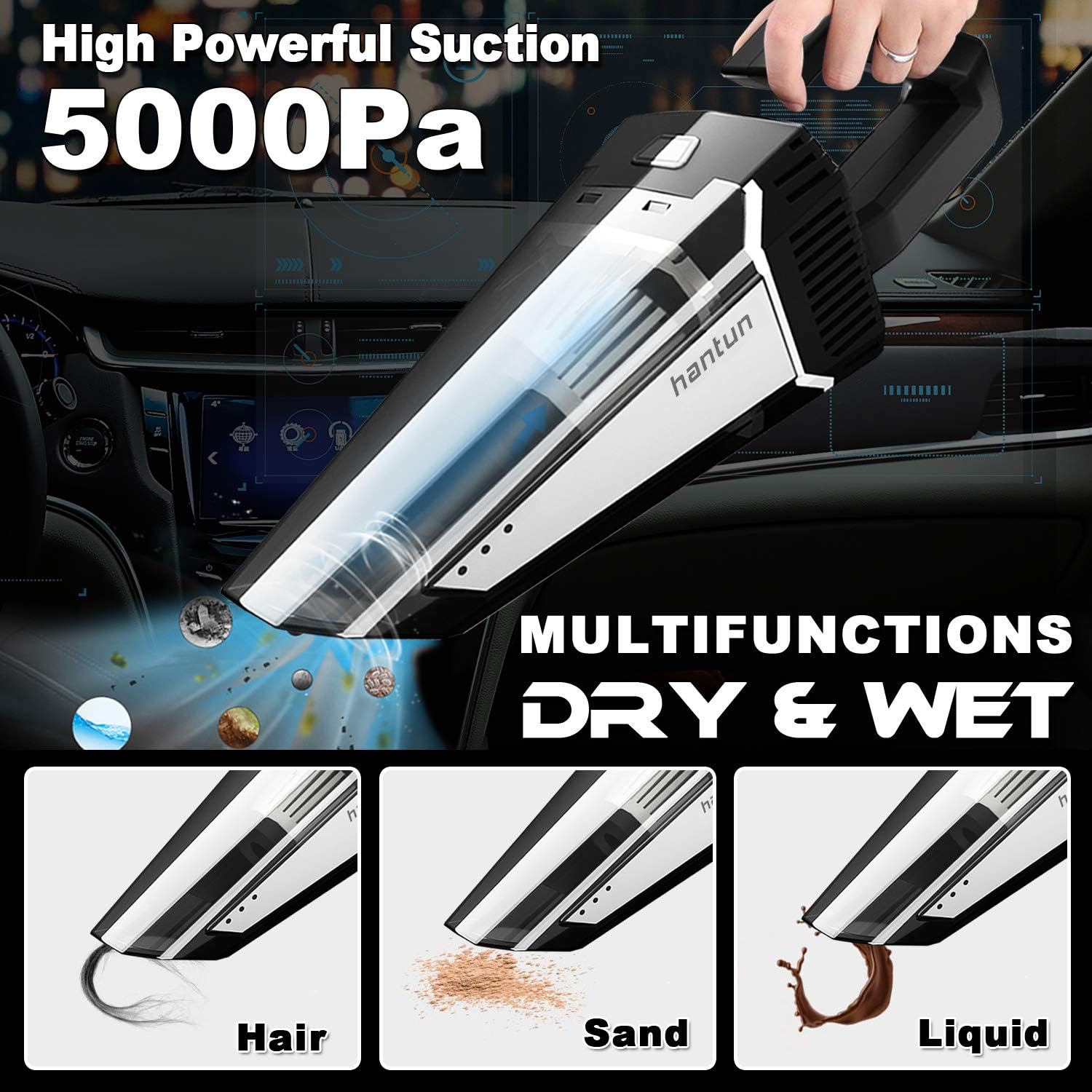 Car Vacuum, Corded 12V 120W 5000Pa High Power Portable Handheld Vacuum Cleaner with 16.4FT(5M) Power Cord, Strong Aluminum Fan, 2 HEPA Filter, Wet/Dry Use, for Car Cleaning : Automotive