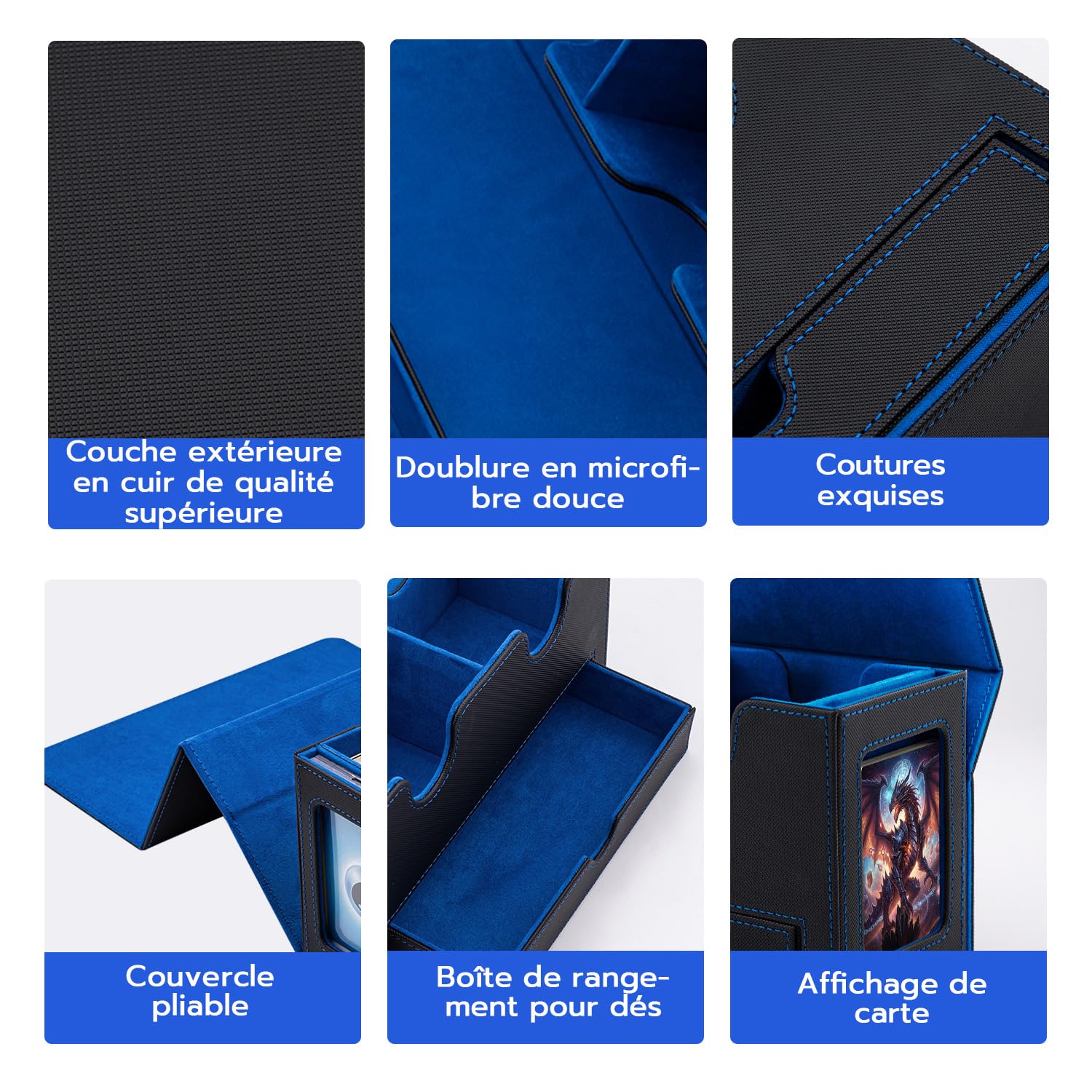 Boîte à Cartes Double Couche pour MTG, avec Tiroir pour Dés, 2 Fenêtres D'affichage Latérale, Magnetic Deck Box Contenir à 300+ Cartes pour Commander TCG Cartes à Collectionner - Bleu Noir