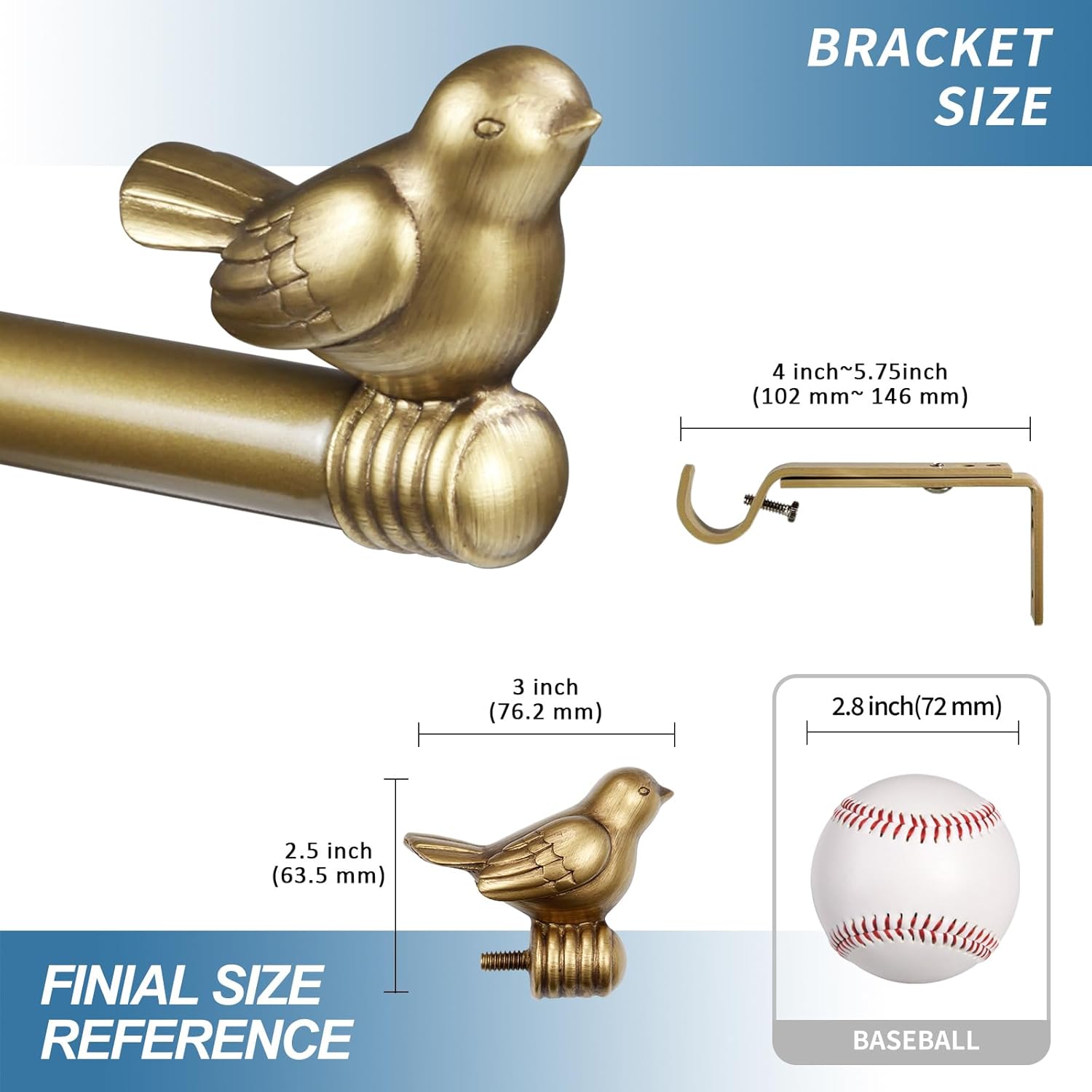 3/4-inch Cute Decorative Bird Adjustable Window Treatment Curtain Single Rod Set, 48" to 84" - Renaissance Gold