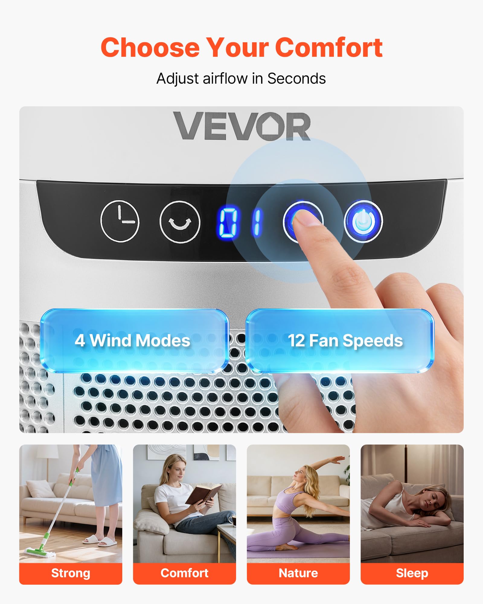 VEVOR Ventilatore a Torre Senza Pale, Oscillazione 65°, Ventilatore a Colonna Senza Pale, 12 Velocità, 4 Modalità, Timer 8 Ore, Flusso d’Aria Potente 4,5 m/s, Silenzioso, per Camera da Letto Ufficio