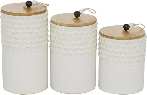 Deco 79 Tarros decorativos de cerámica con tapas de madera, juego de 3 9 pulgadas, 8 pulgadas, 7 pulgadas de alto, blanco