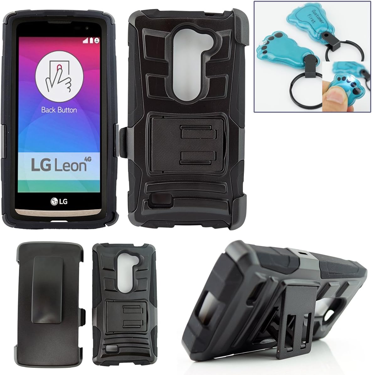 Customerfirst - LG Leon LTE C40 / H320 Case, Extreme Heavy Duty Hybrid Armor Dual Layer Rhino Kickstand Belt Holster Clip Combo Rugged Case Tough - Free Flash Light Key Chain (HOLSTER BLACK)