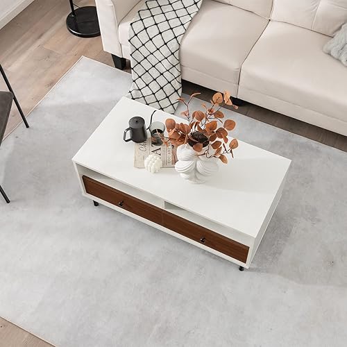 Miniatura 9 de GOFLAME Mesa auxiliar con 2 cajones y estantes abiertos, mesa central de 2 niveles con mesa grande y 5 patas de soporte de acero, moderna mesa de