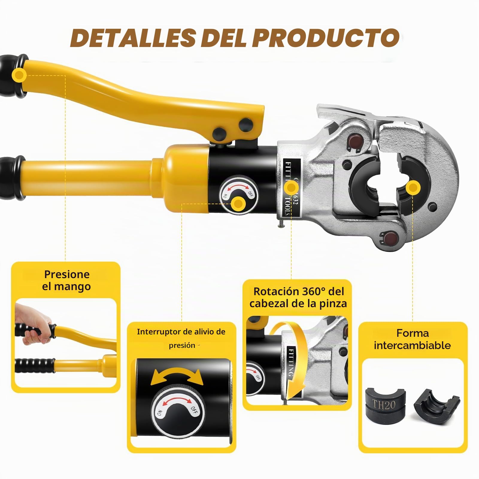 Alicates de prensado, 16-32 mm tipo TH, 10 T de fuerza de prensado, juego con mango de goma, cabezal giratorio de 360°, alicates hidráulicos para tubos PEX, tubos PB, tubos de cobre para el