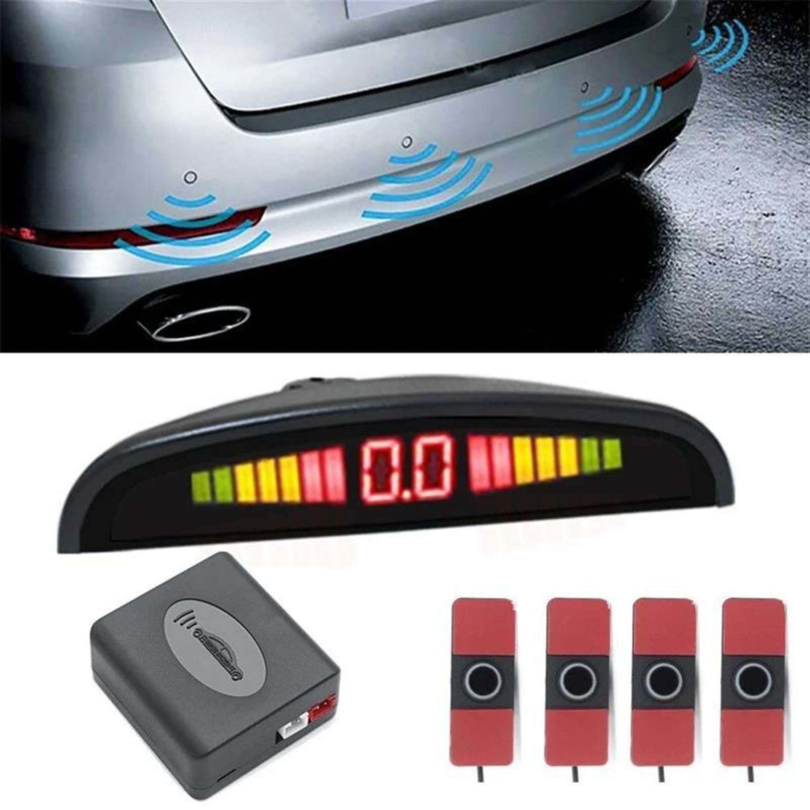 Sensor Sensor De Aparcamiento con 4 Sensores Sistema De Detección Monitorizado con Radar De Marcha Atrás De 16mm Respaldo Inverso Asistente Estacionamiento