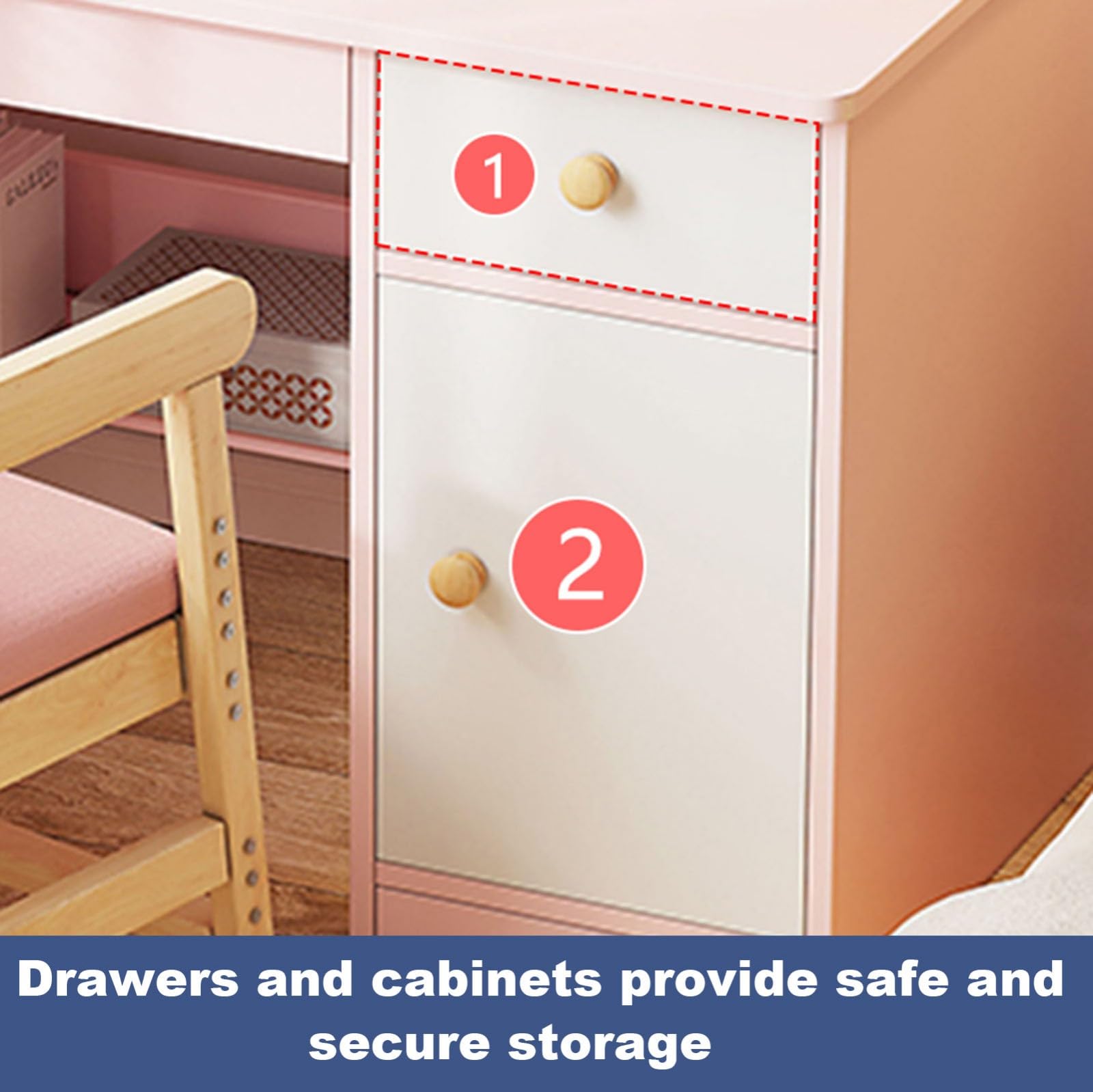 Escritorio Infantil con Estantes y Taquilla,Madera Maciza Mesa Niños Infantil,Rosa Mesa de Aprendizaje Infantil para Dormitorio O Estudio 80 * 40 * 110cm