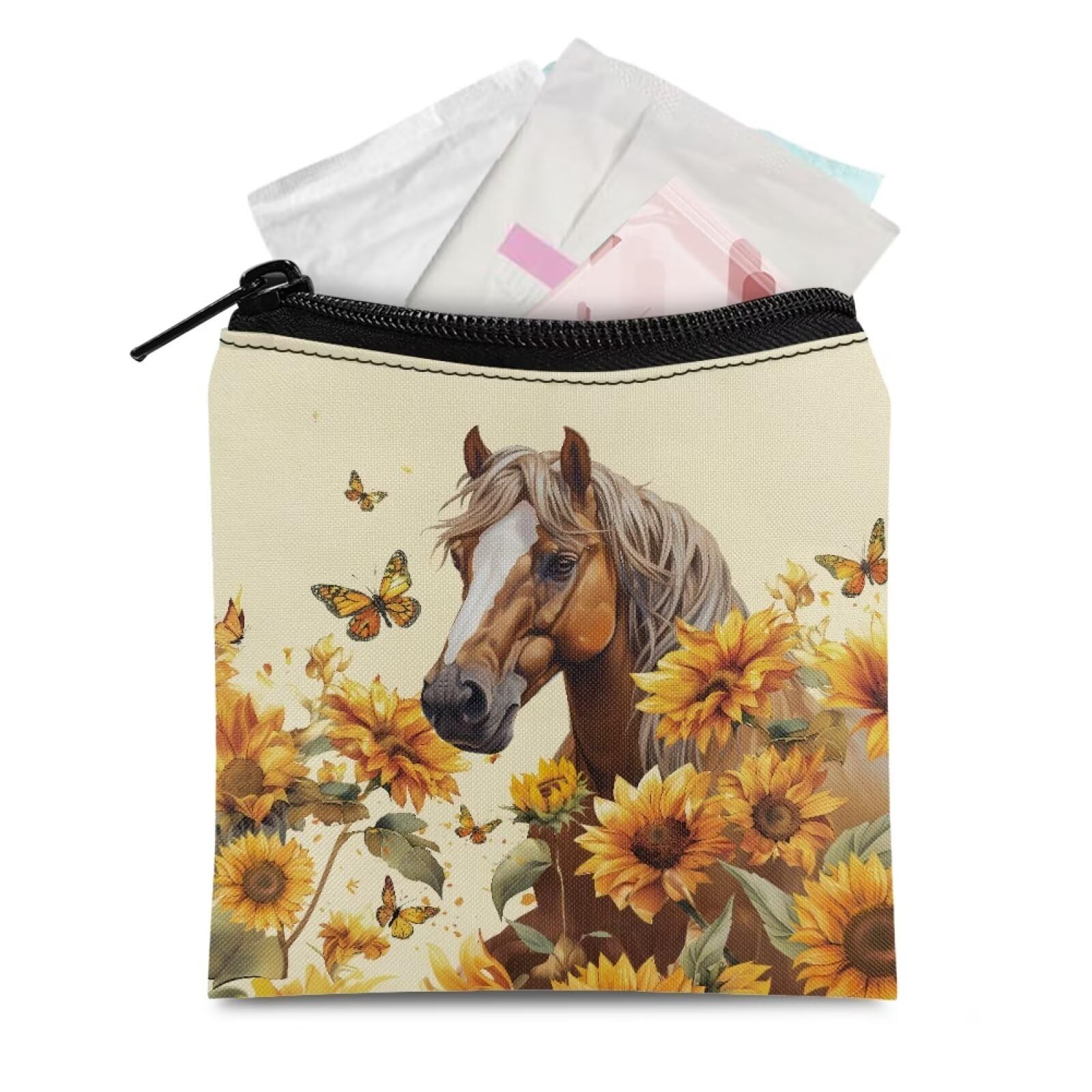 Sunflower Horse Period Bag for Women Teen Girls Sanitary Napkin Storage Bag Portable Menstrual Pad Tampon Zipper Bags