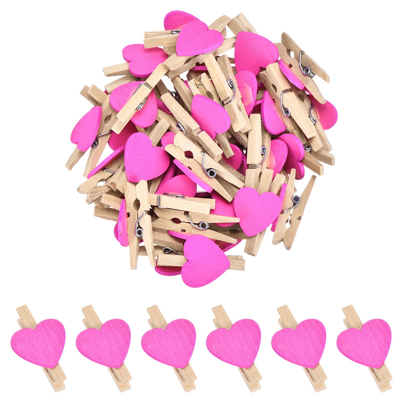 sourcing map 50Pcs Mini Heart Photo Clips, 3cm Wooden Clothespins for Pictures Small Clothes Pins for Hanging Memo Card DIY Crafts Paper Photo Postcard Wedding Display, Rose Red