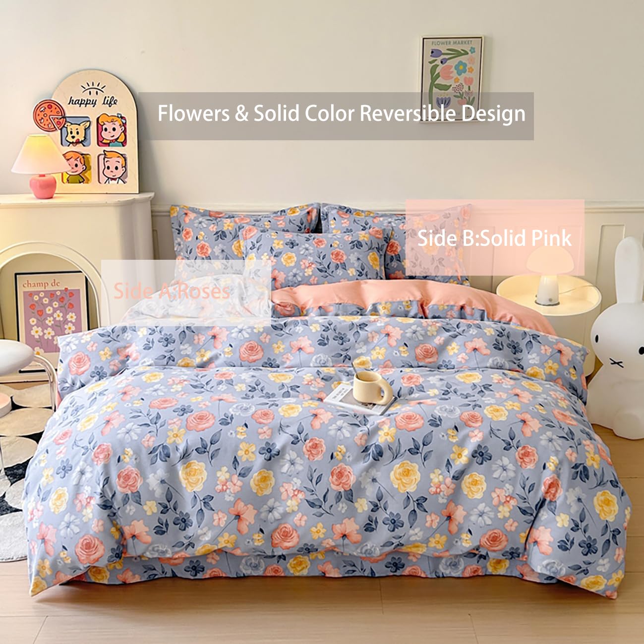 Dokiwaki Rose Floral Duvet Cover Queen Brushed Cotton Reversible Girls Comforter Cover Flowers Print Breathable Botanical Bedding 3pcs Set with Zipper Closure and Pillow Shams Lilac