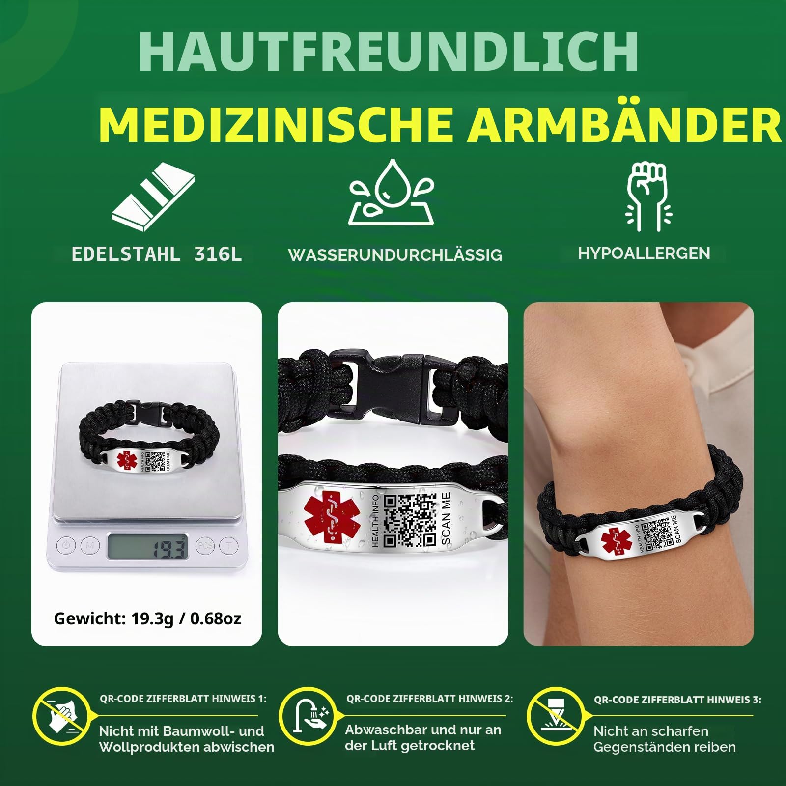 Medizinische Armbänder für Sport, Männer und Frauen, mit QR-Code, medizinische Notfall-ID-Armbänder – Nylon, wasserdichtes Armband für Handgelenke bis zu 17,8 cm – mehr Platz,