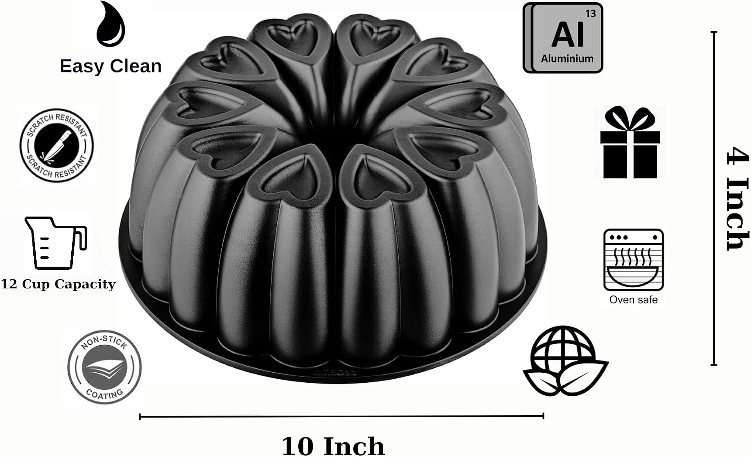 Heart Shape Aluminum Cake Pan, Titanium Coating, Non-Stick, 12 Cups, Heavy Duty, Gifts for Mom, Molded Cake Pan, 10 Inch Baking Mold, Cast Aluminum Fluted Tube Pan, Easy to Clean (Black)