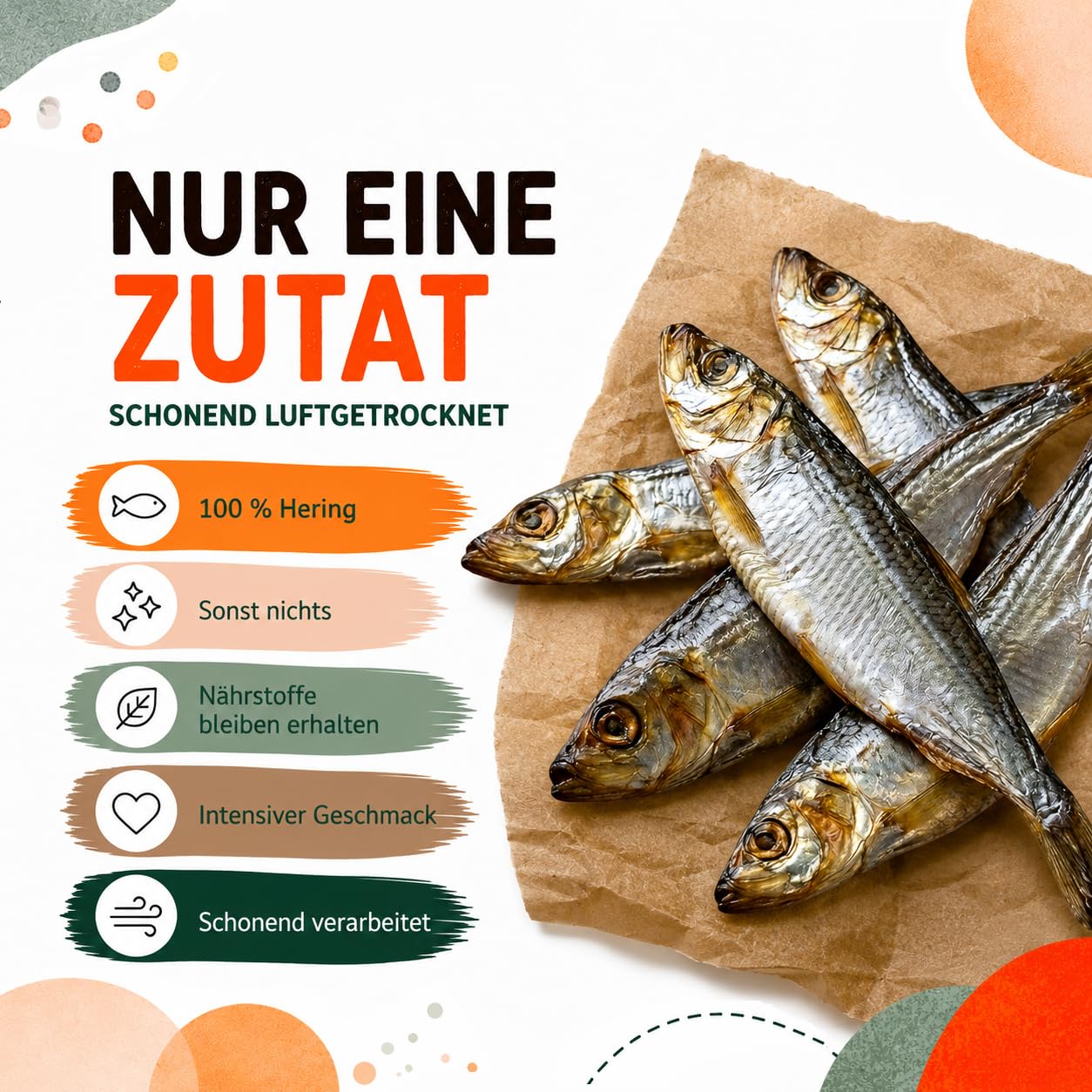 100% Hering getrocknet für Hunde, Natürlicher Fischsnack & Trockenfisch, Reich an Omega-3, Monoprotein, Ohne Zusatzstoffe, (1kg)