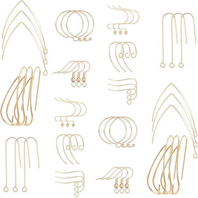 SUNNYCLUE 1 Box 48pcs 18K Gold Plated Earring Hooks Kit Kidney Ear Wires Fish French Earring Hook Earwire Lever Back Beading Hoop Earring Findings for DIY Earrings Jewellery Making Hypoallergenic