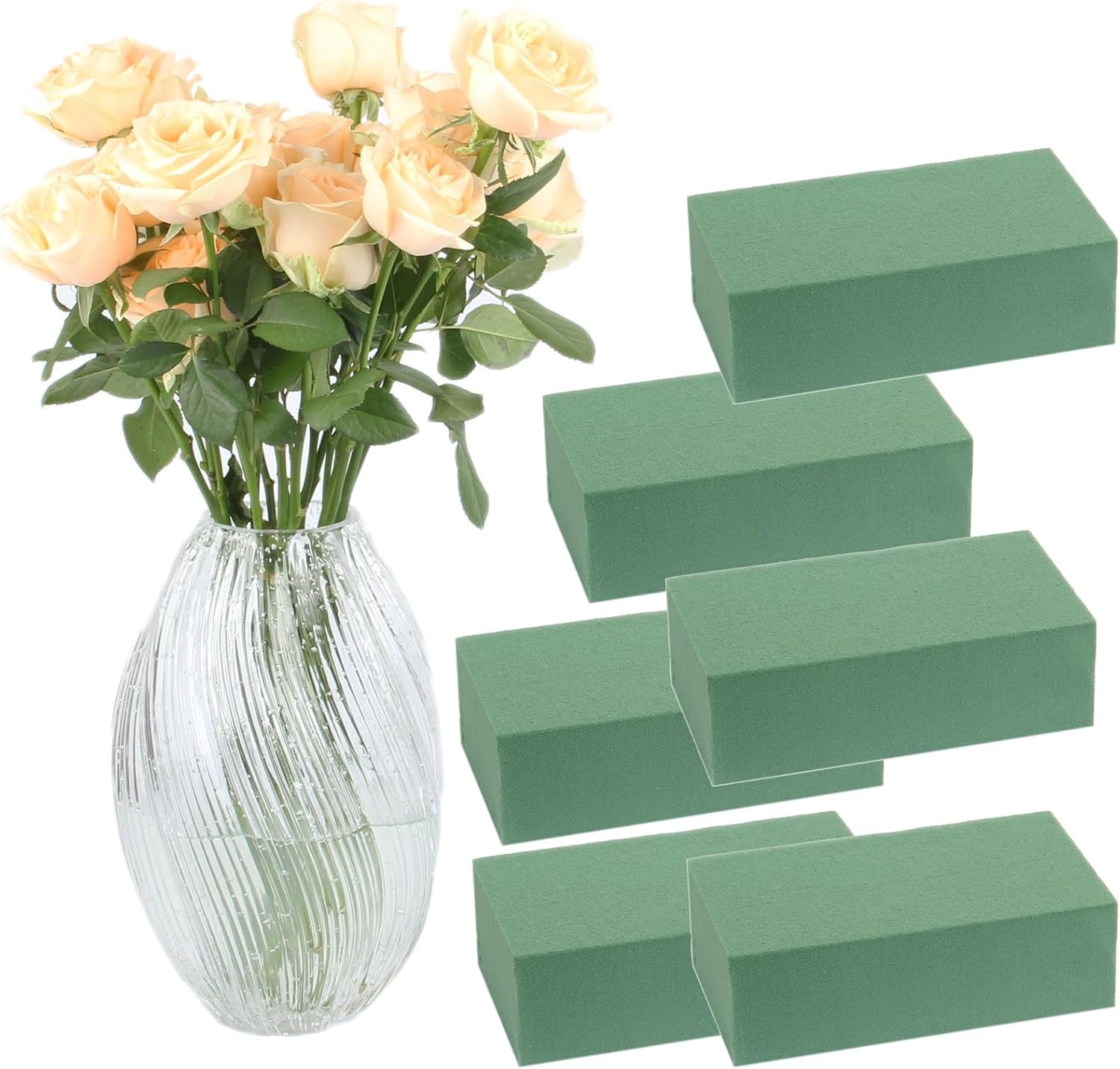 6 Pack Floral Foam Blocks for Fresh and Artificial Flowers | Green Wet Dry Foam for Flower & Florist Supplies, Wedding Decor, Home, Garden (5.5"L x 3.1"W x 1.7"H )