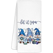 Snow Winter Gnomes 厨房毛巾、圣诞蓝色 Gnomes 浴室装饰手巾、圣诞菜肴厨房毛巾、冬季圣诞厨房浴室装饰,16x24 英寸