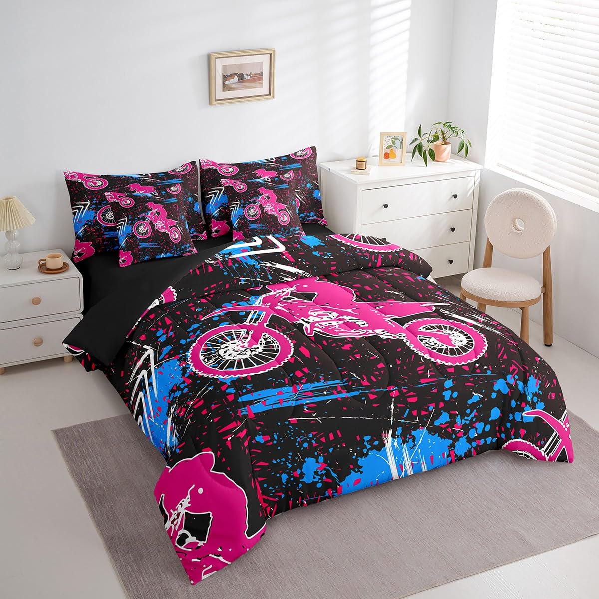 Feelyou Extreme Sports Bed Set Includes Comforter, Sheet Set, Pillowcases & Pillow Covers Set Dirt Bike 7 Pieces Bedding Set, Motorcycle Bed in a Bag, for Racing Motocross Rider Full Size