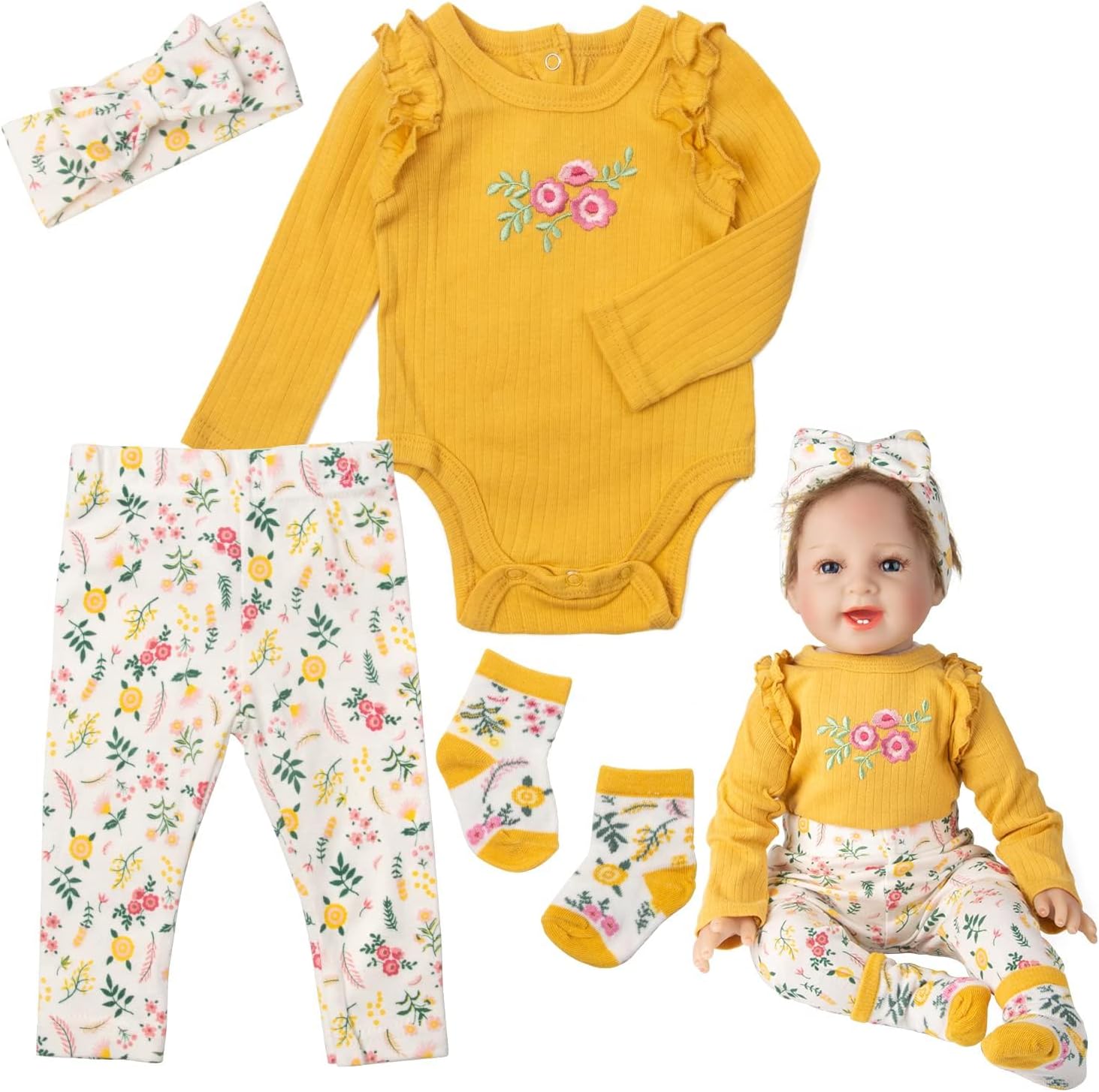 24 inch Reborn Baby Doll Clothes Accessories for 22-24 inch Reborn Baby Dolls Boys/Girls Clothes Flower Outfit 4 Pieces Set