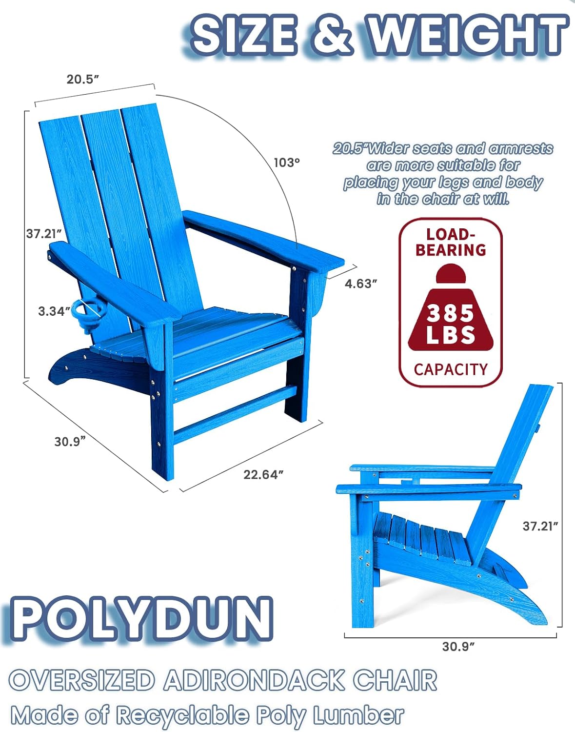 Modern Adirondack Chairs Set of 2 with Cup Holder, HDPE Plastic Patio Chairs for All Weather, Fire Pit Chair, Outdoor Lawn Chairs for Deck, Porch, Backyard, Garden, Royal Blue
