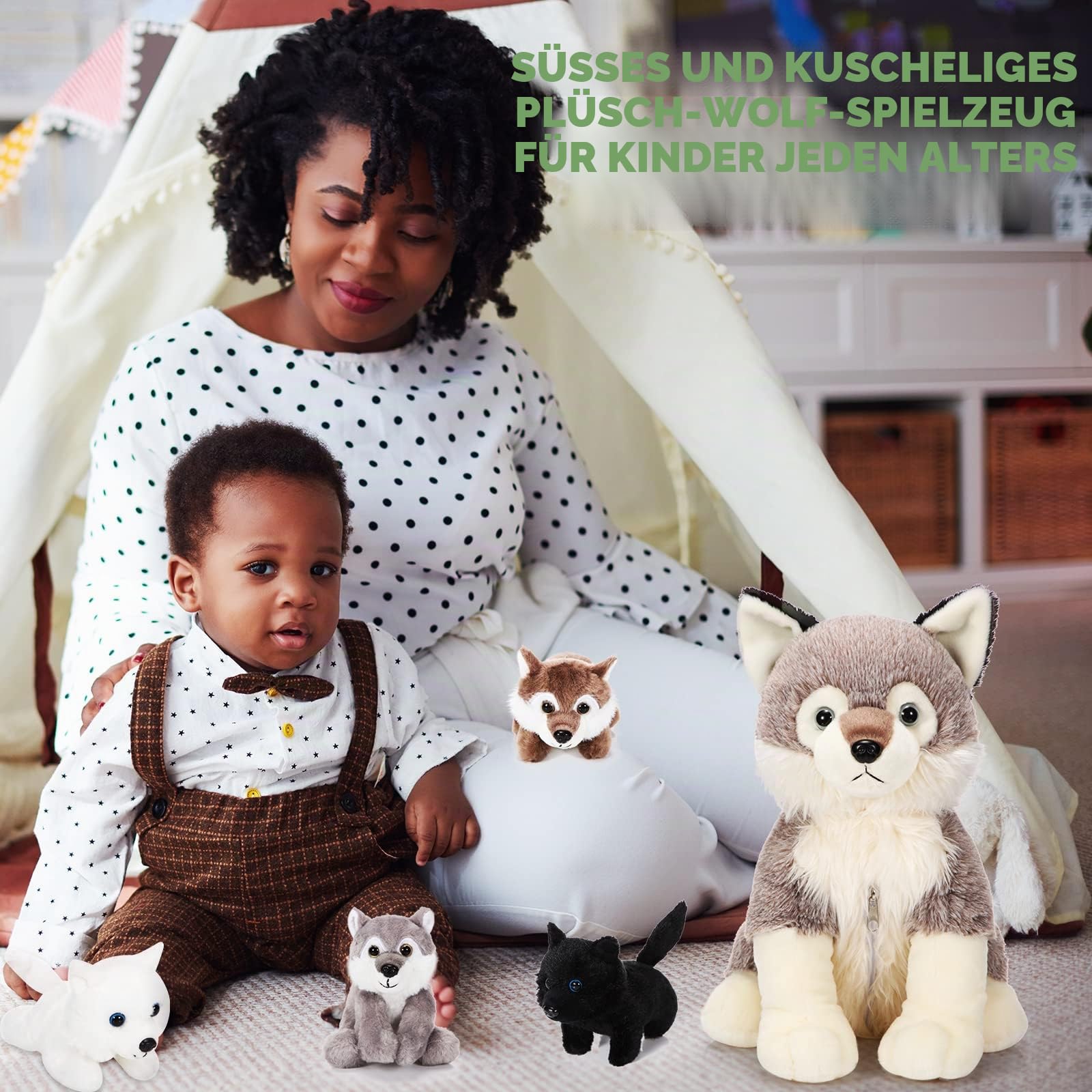 Honoson 5 Stück Wolf Kuscheltiere Set 35 cm Mama Wolf Plüschtier mit 4 Süßen Baby Wölfen Stofftieren in Ihrem Bauch mit Reißverschluss für Jungen Mädchen Geburtstag Party Geschenke (Süß)