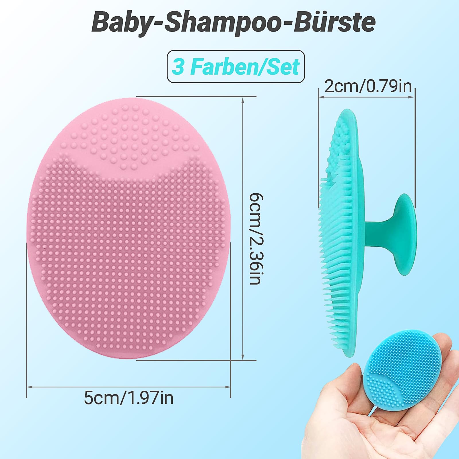 Brosse de bain pour bébé, set de 3 brosses de massage rondes, brosse de massage en silicone, brosse exfoliante en silicone, pour les peaux sèches, les croûtes de langes et l'eczéma (bleu, vert, rose)