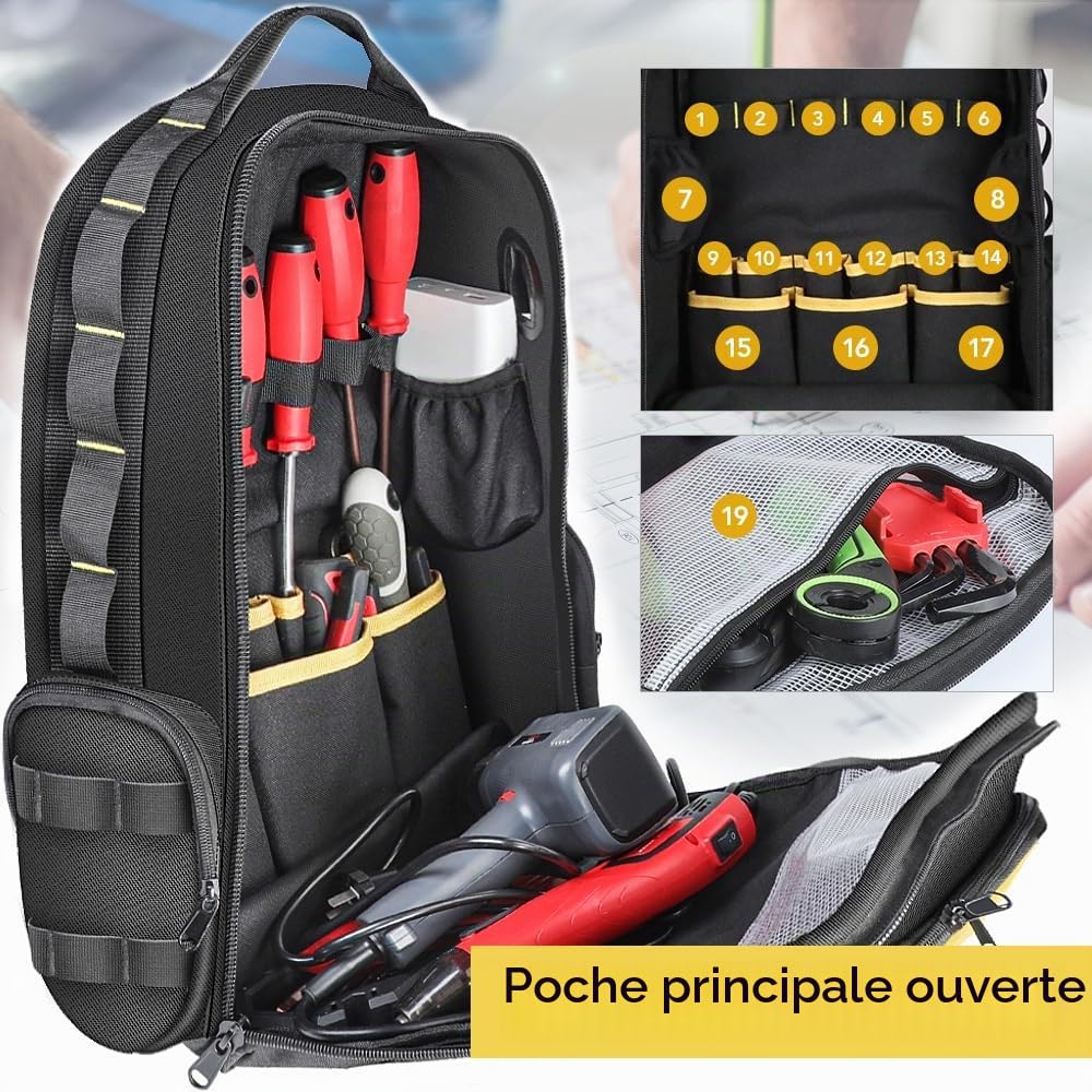 AIRAJ Sac à Dos Outils 46x40x18 cm - Sac à dos pour outils avec 23 Pochettes, Ouverture Totale pour Électriciens et Travaux de Construction (Double étui pour pièces inclus)