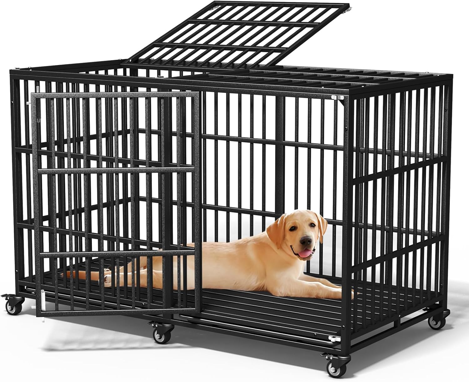 58 inch Heavy Duty Dog Crate Cage Kennel Escape-Proof for Large Dogs, High Anxiety Dog Crate with Removable Trays and Wheels, Extra Large XL XXL