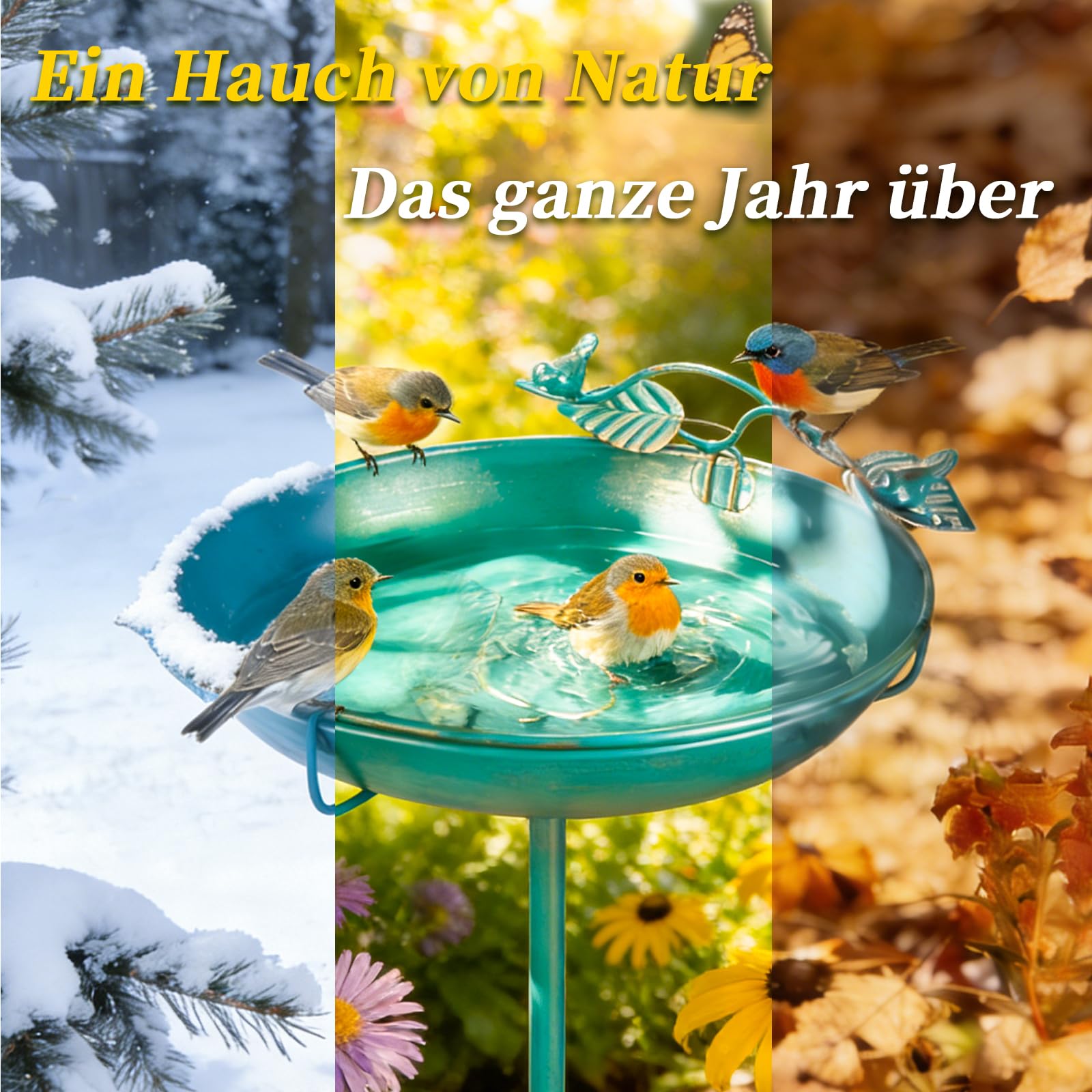 Mellbree Stehende Vogeltränke mit Reinigender Kupferplatte, seeblaues Metall-Vogelbad mit Goldener Dekor-Kupferplatte, Ästhetisch & langlebig und lockt zahlreiche Vogelarten an.