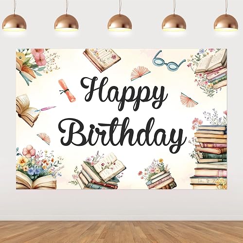 Vintage Reading Birthday Party Decorations, 5x3ft Book Theme Happy Birthday Backdrop, Vintage Storybook Photography Background for Library Party Supplies Banner Photo Props